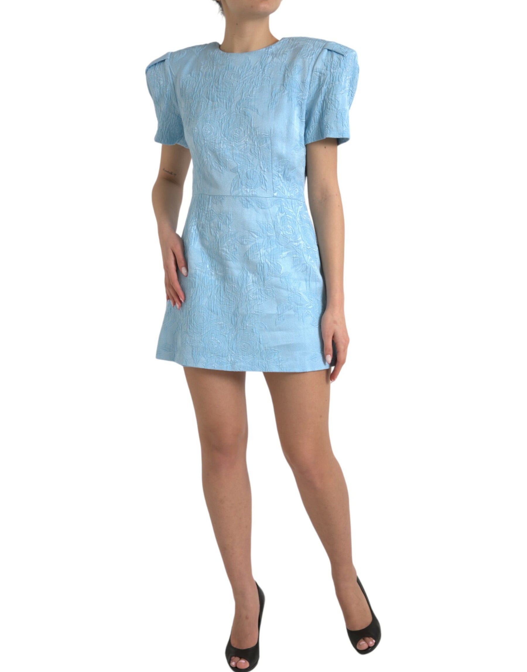 Dolce & Gabbana Light Blue Floral Jacquard Puff Sleeve Mini Dress | Regal Royce