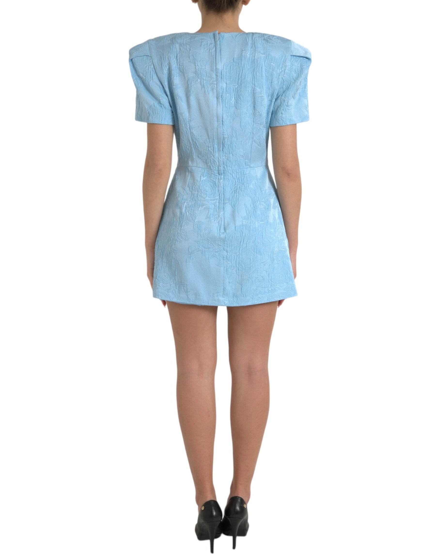 Dolce & Gabbana Light Blue Floral Jacquard Puff Sleeve Mini Dress | Regal Royce