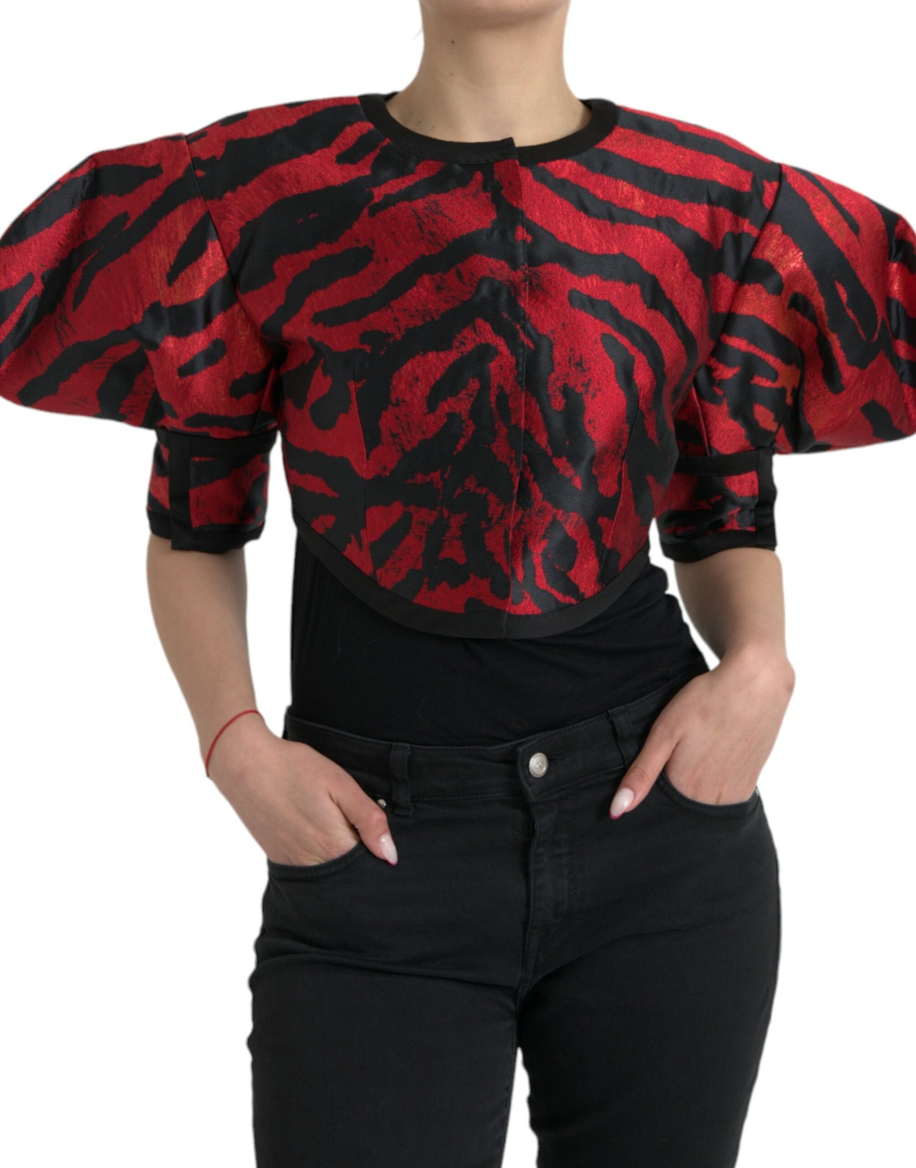 Dolce & Gabbana Black Red Patterned Cropped Coat Jacket | Regal Royce