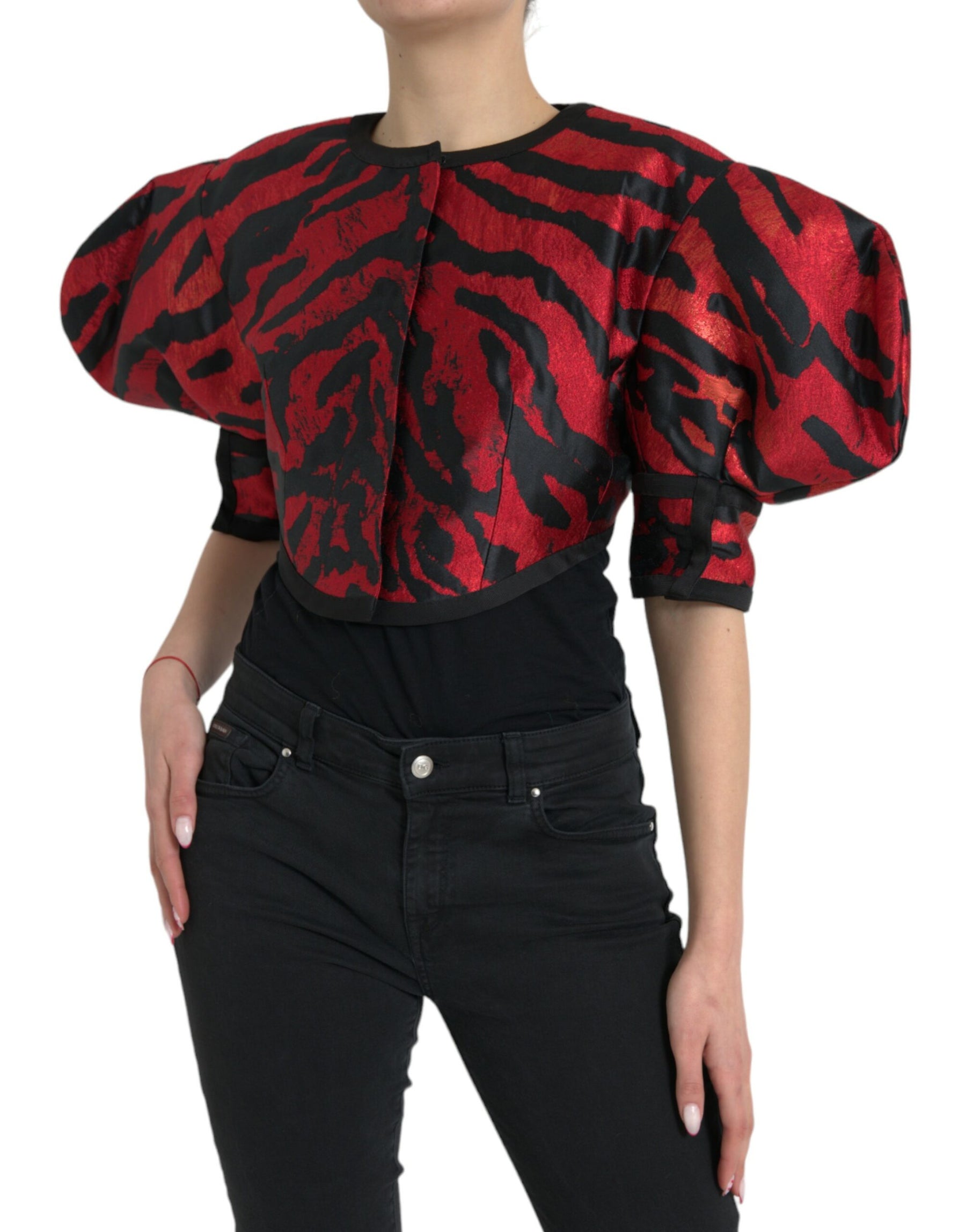 Dolce & Gabbana Black Red Patterned Cropped Coat Jacket | Regal Royce