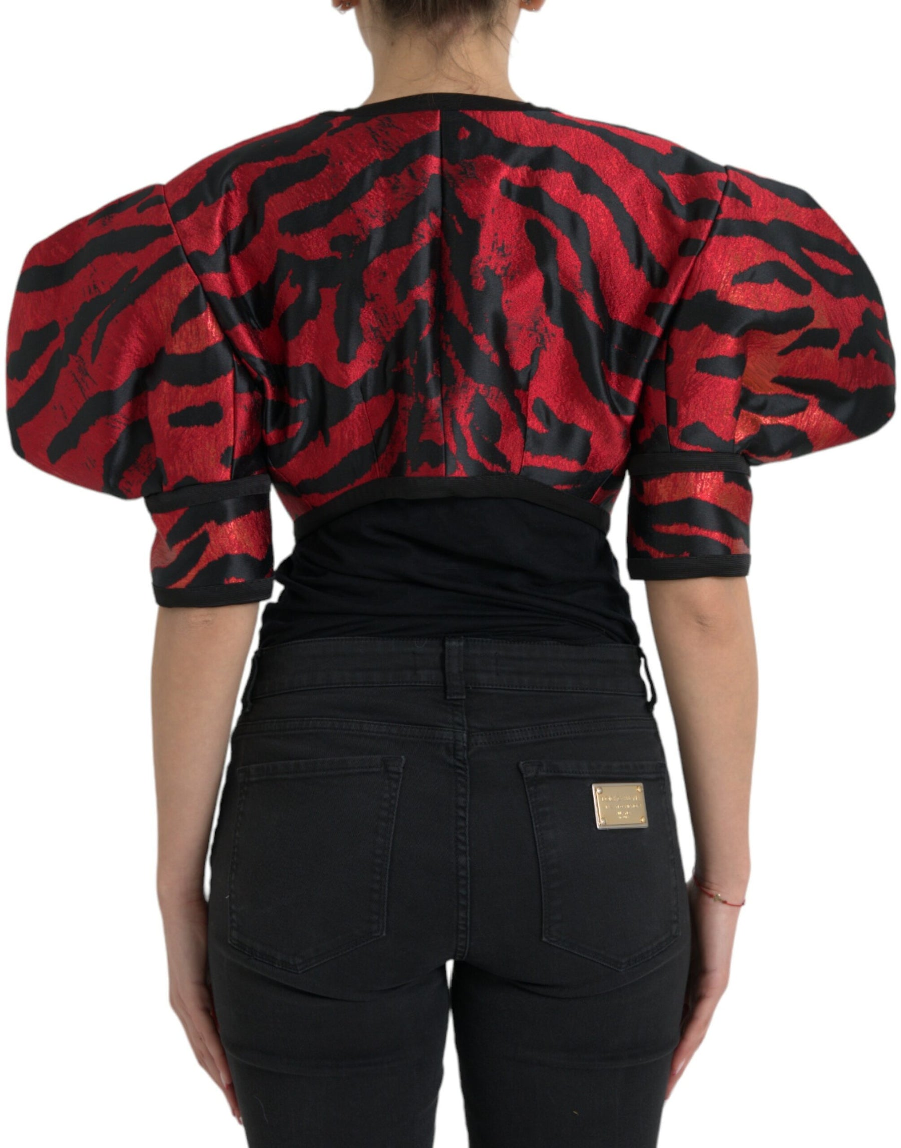 Dolce & Gabbana Black Red Patterned Cropped Coat Jacket | Regal Royce