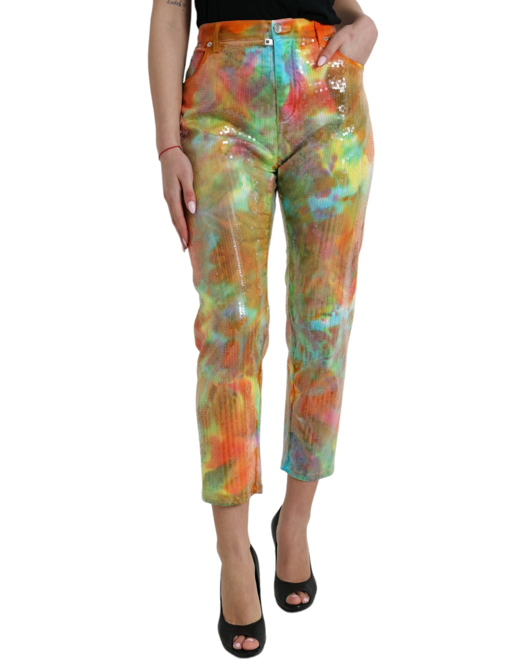 Dolce & Gabbana Multicolor Tie Dye Sequined High Waist Cropped Pants | Regal Royce