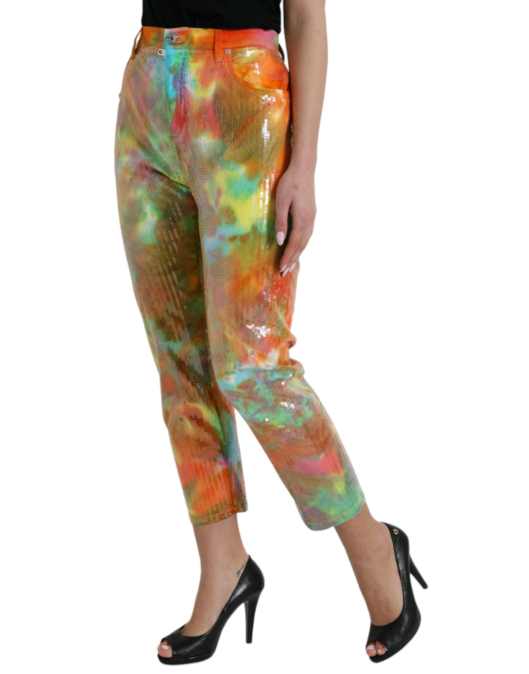 Dolce & Gabbana Multicolor Tie Dye Sequined High Waist Cropped Pants | Regal Royce