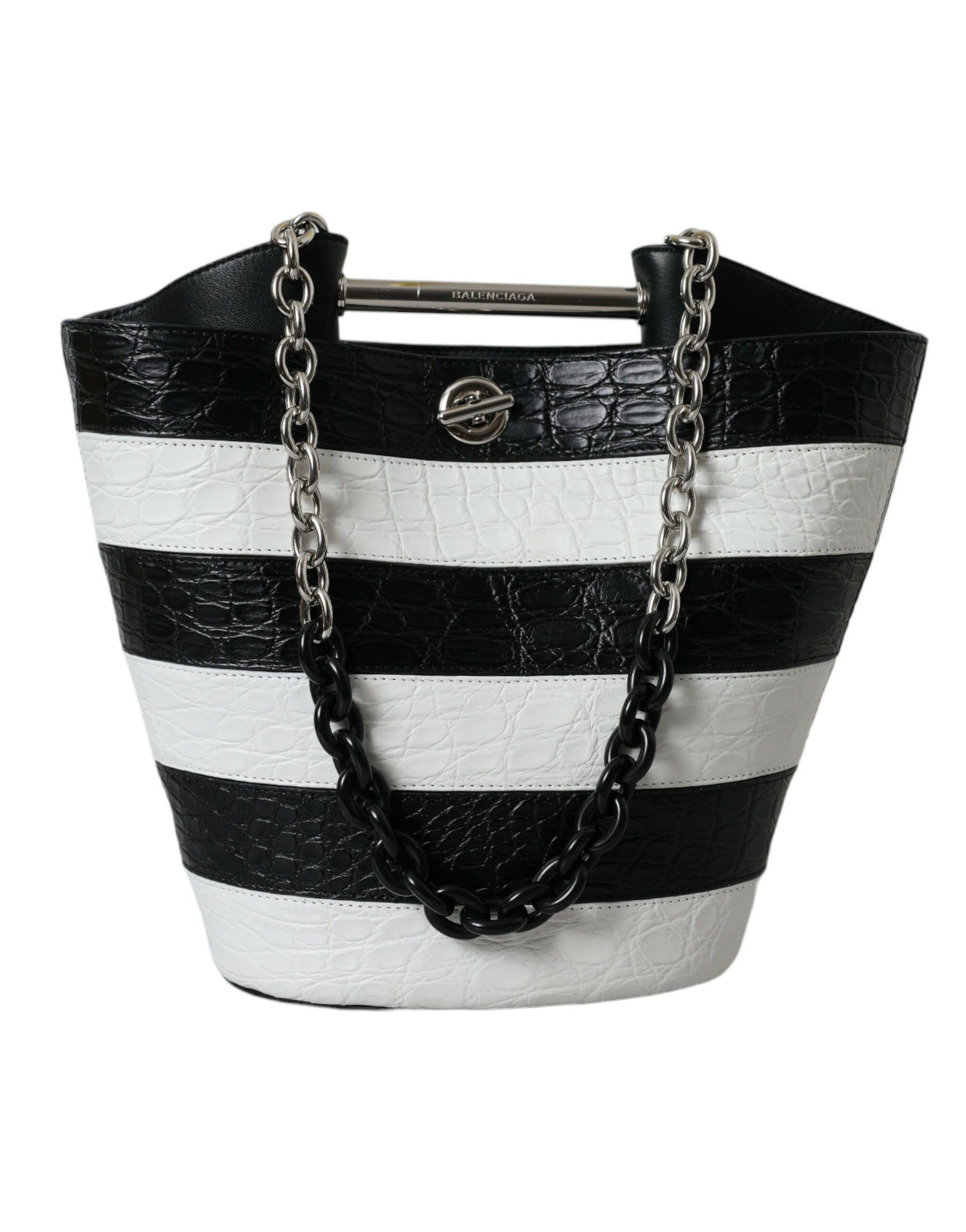 Balenciaga Black White Striped Exotic Skin Leather Maxi Bucket Tote Bag | Regal Royce