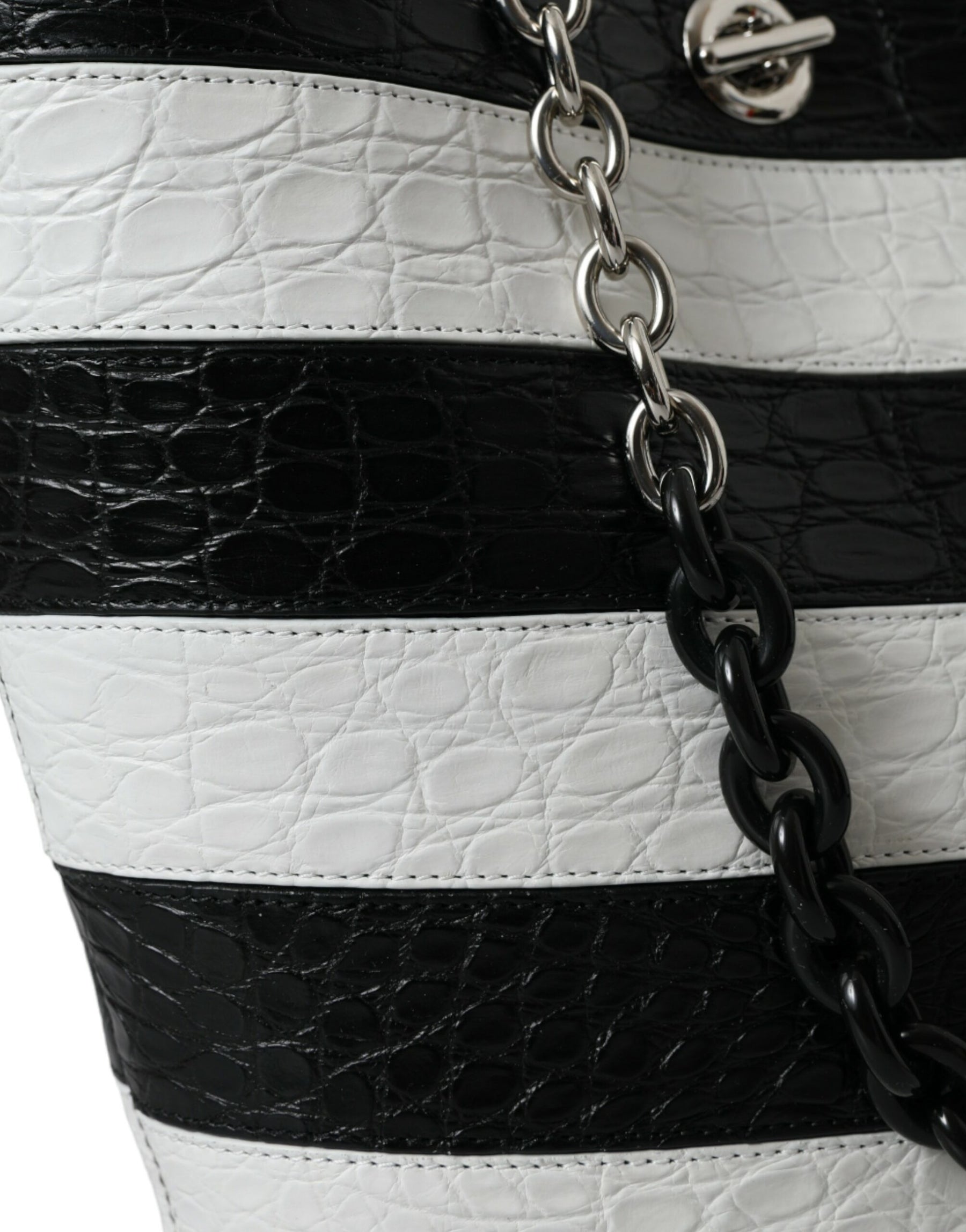 Balenciaga Black White Striped Exotic Skin Leather Maxi Bucket Tote Bag | Regal Royce