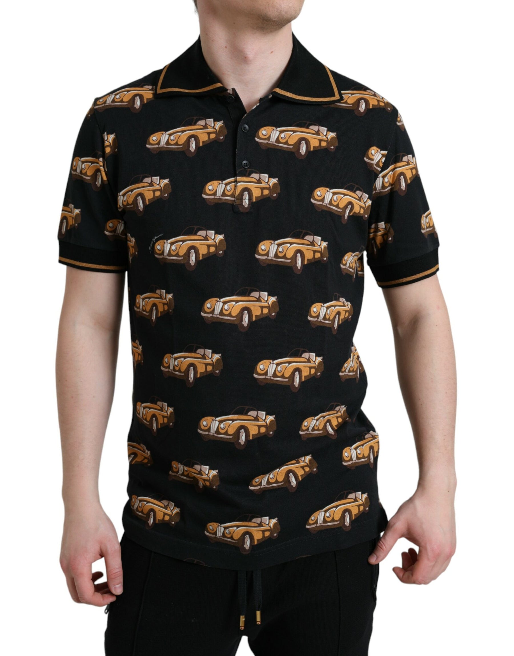 Dolce & Gabbana Black Car Print Short Sleeve Polo T-shirt | Regal Royce