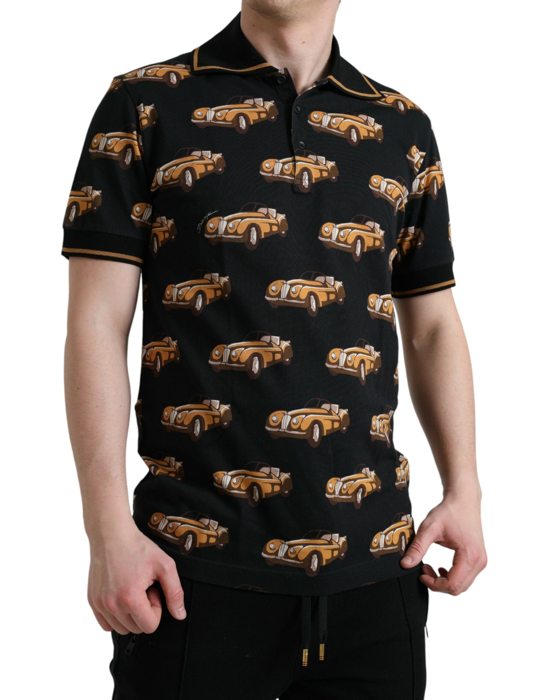 Dolce & Gabbana Black Car Print Short Sleeve Polo T-shirt | Regal Royce