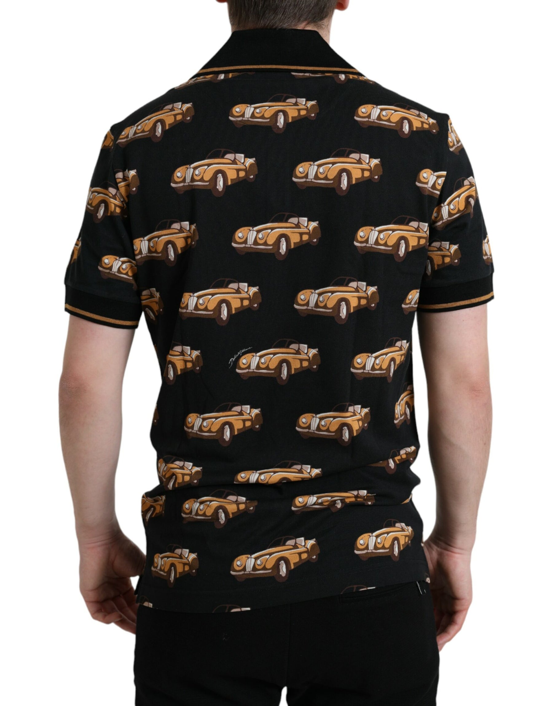 Dolce & Gabbana Black Car Print Short Sleeve Polo T-shirt | Regal Royce