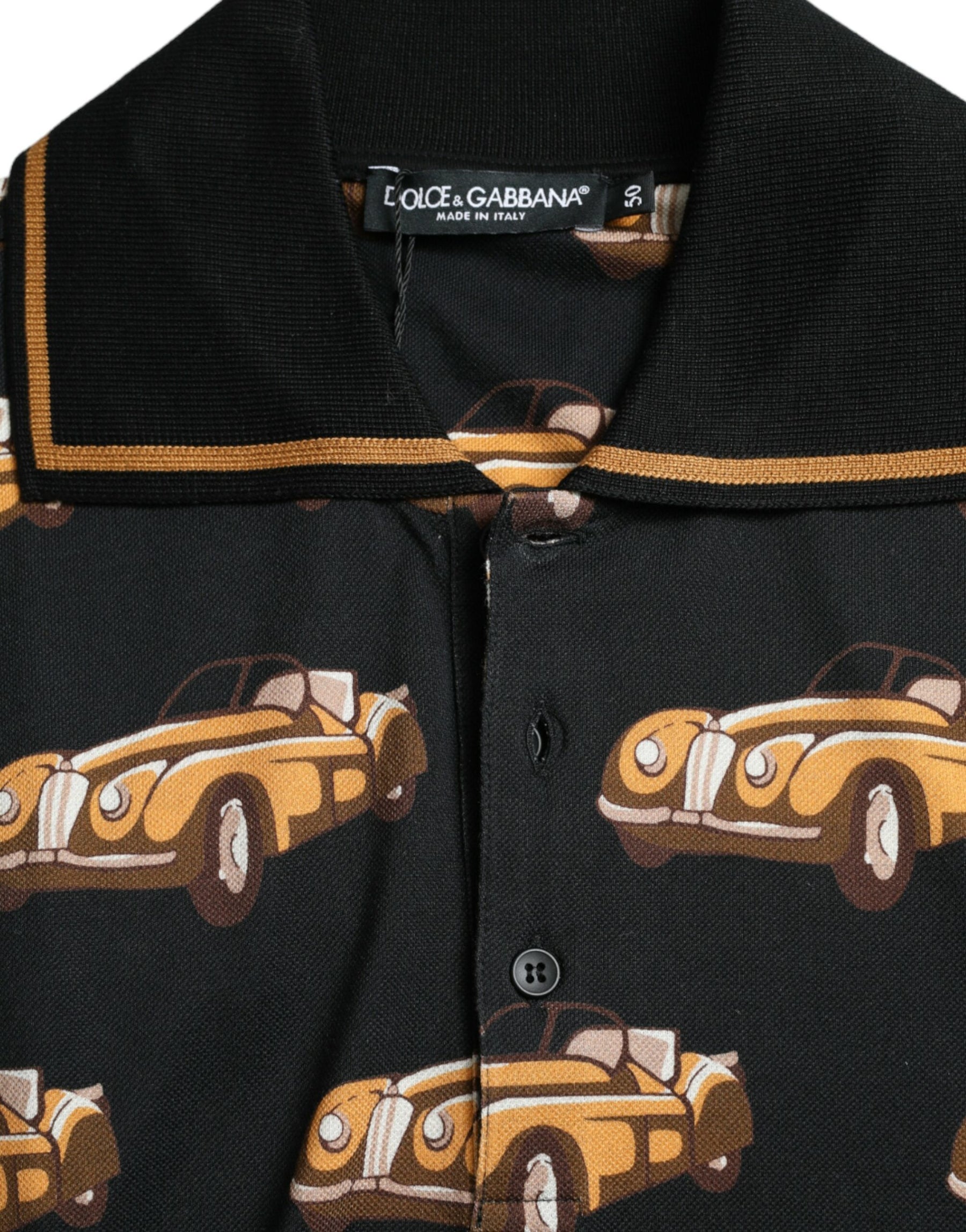 Dolce & Gabbana Black Car Print Short Sleeve Polo T-shirt | Regal Royce