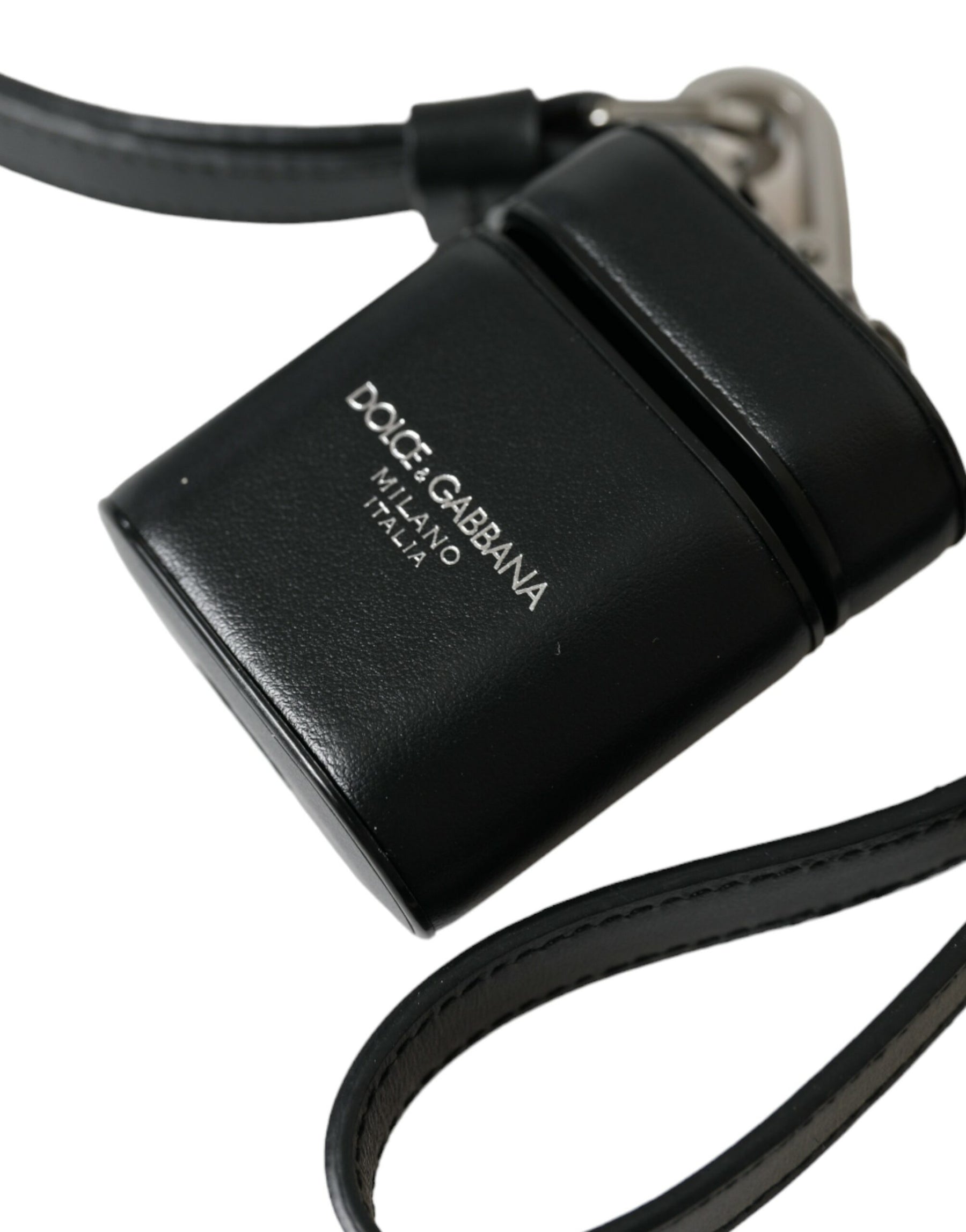 Dolce & Gabbana Black Leather Strap Silver Metal Logo Printed Airpods Case | Regal Royce