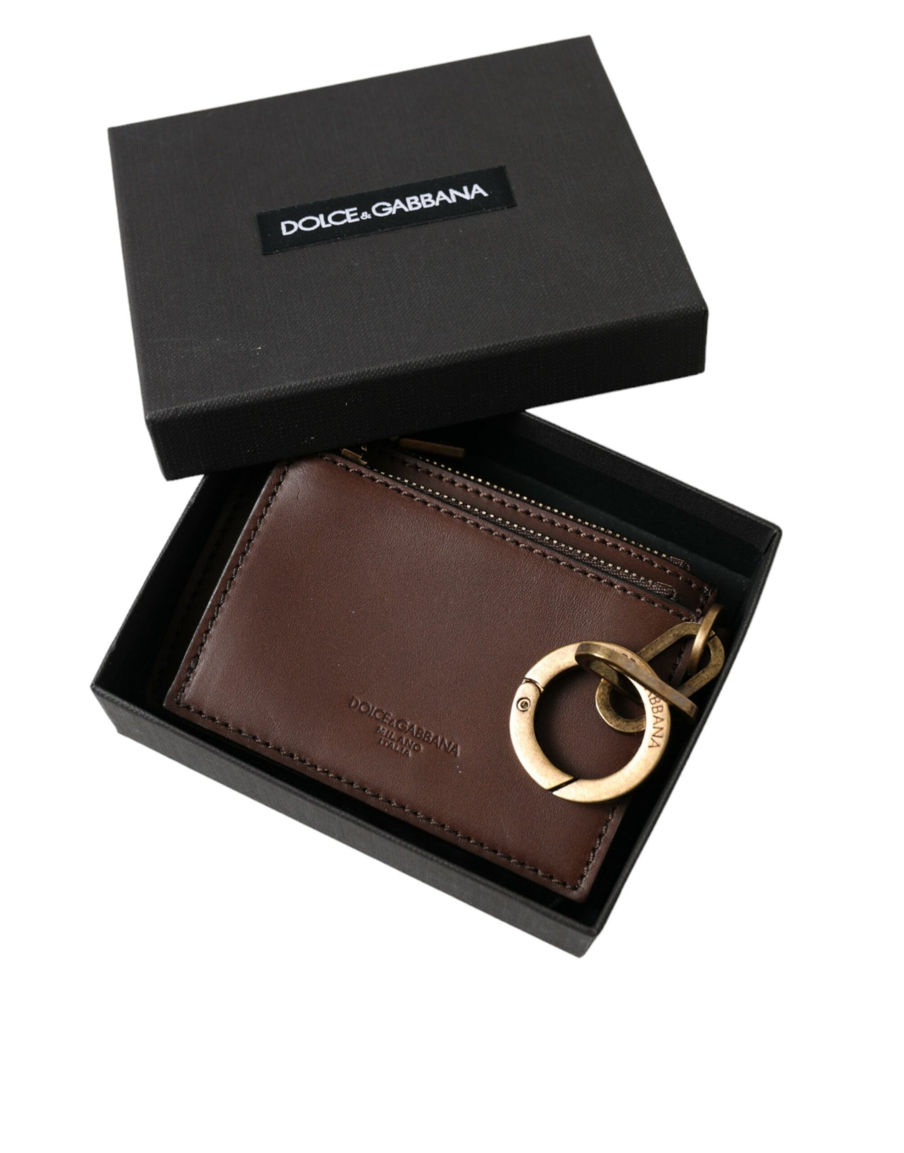 Dolce & Gabbana Brown Leather Zip Logo Keyring Coin Purse Keyring Wallet | Regal Royce