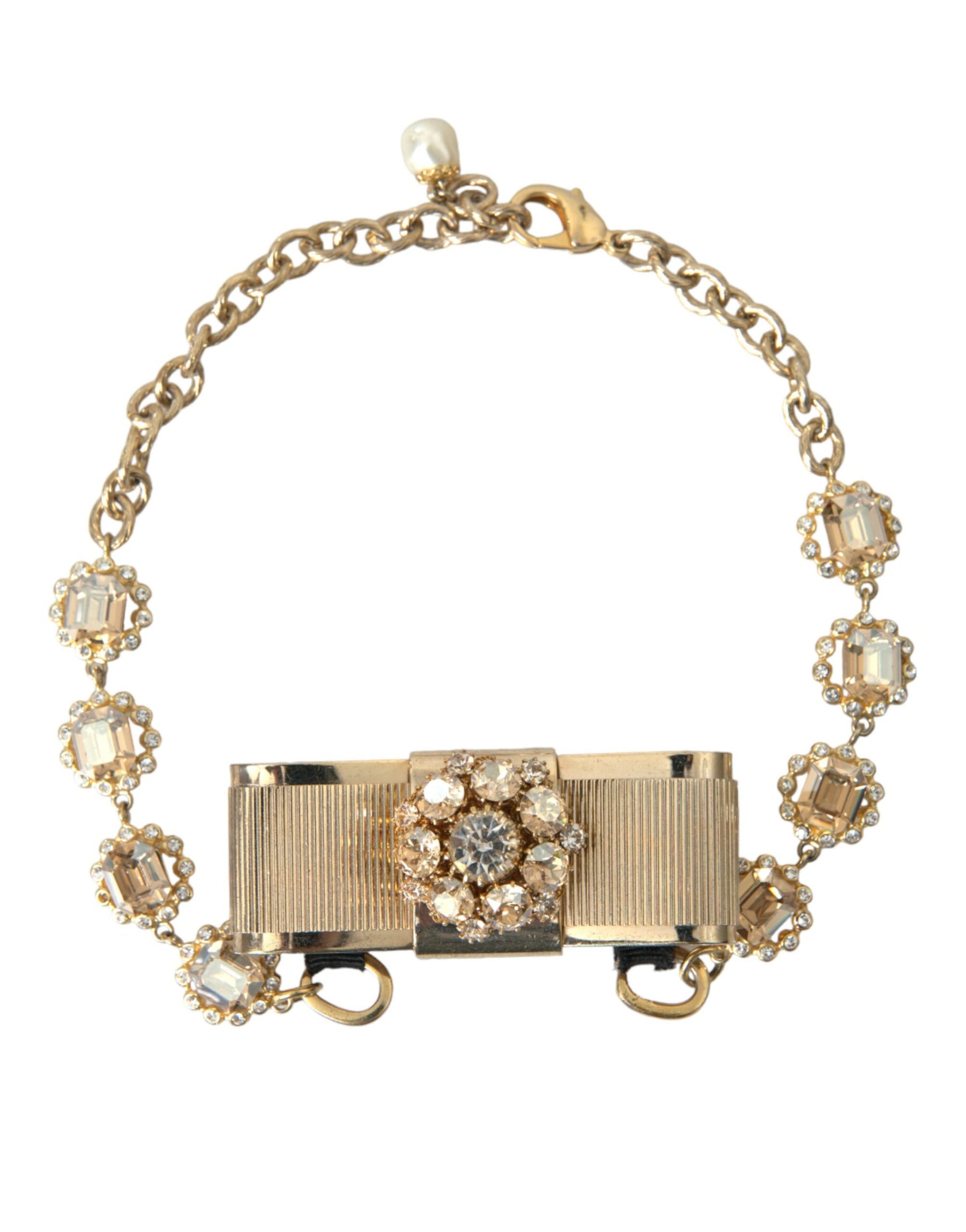 Dolce & Gabbana Gold Brass Clear Crystal Bow Chain Choker Necklace | Regal Royce
