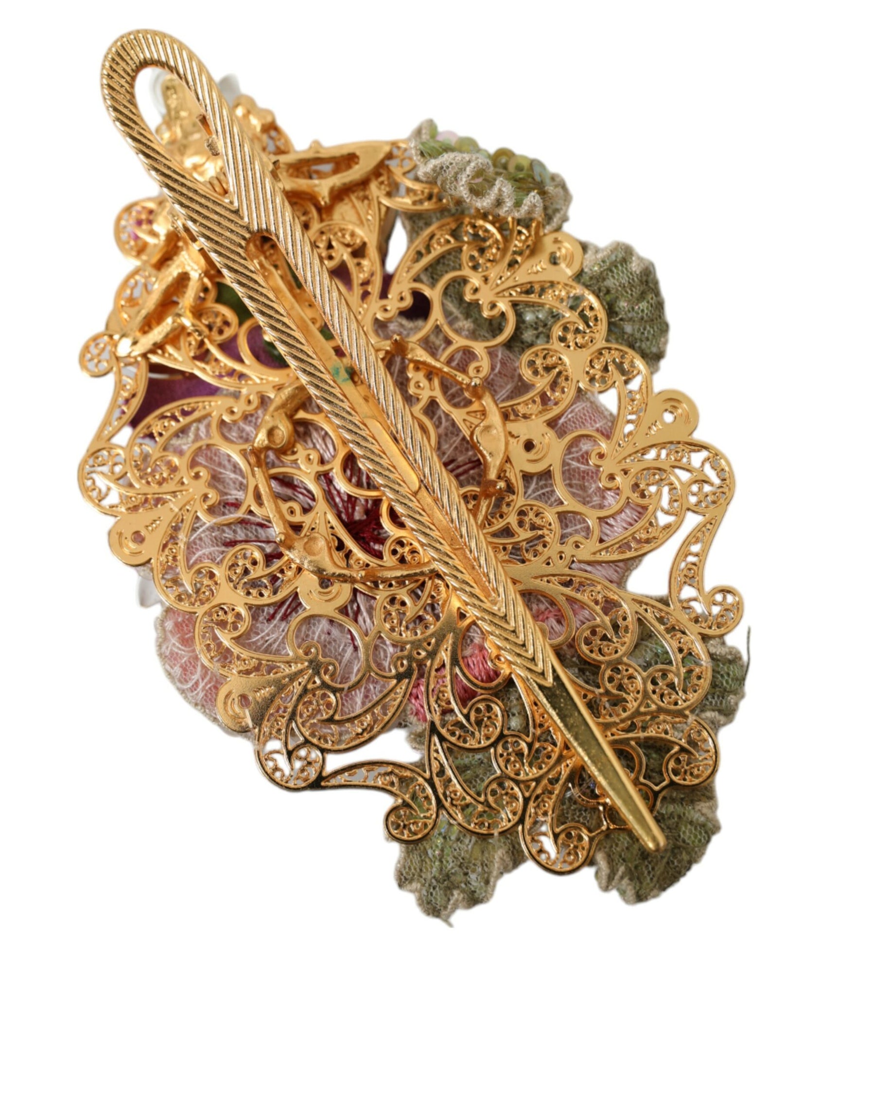 Dolce & Gabbana Gold Brass Floral Crystal Sequined Hair Clip | Regal Royce