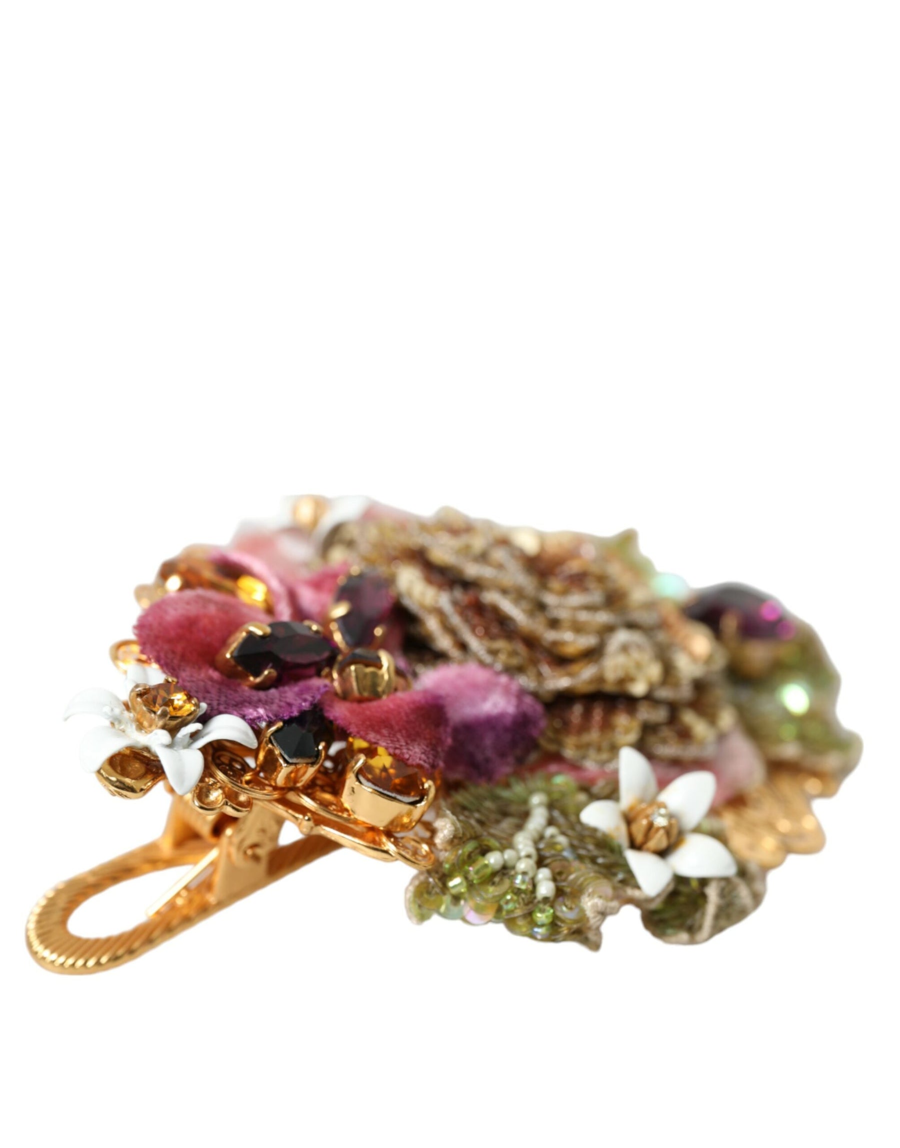 Dolce & Gabbana Gold Brass Floral Crystal Sequined Hair Clip | Regal Royce