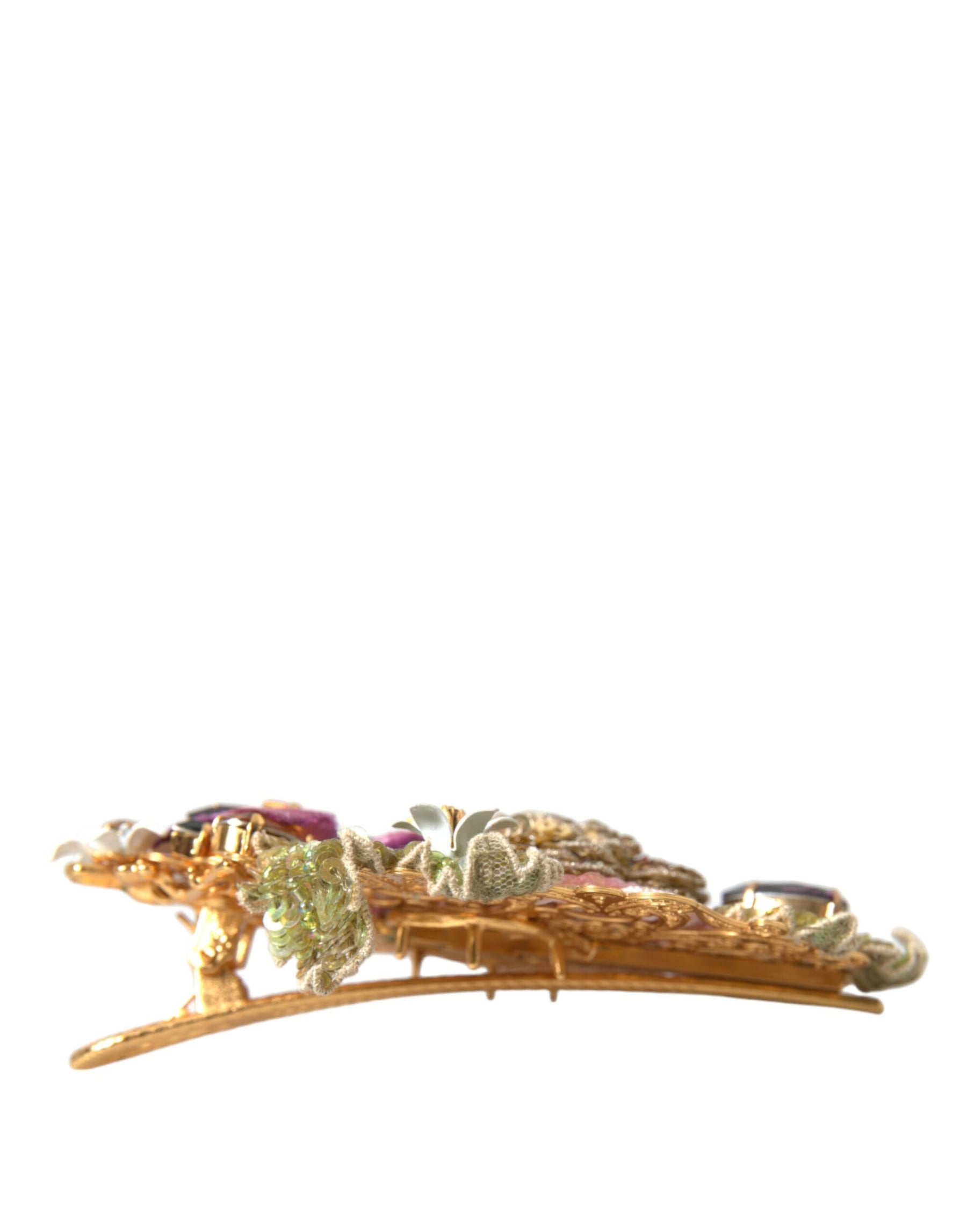Dolce & Gabbana Gold Brass Floral Crystal Sequined Hair Clip | Regal Royce