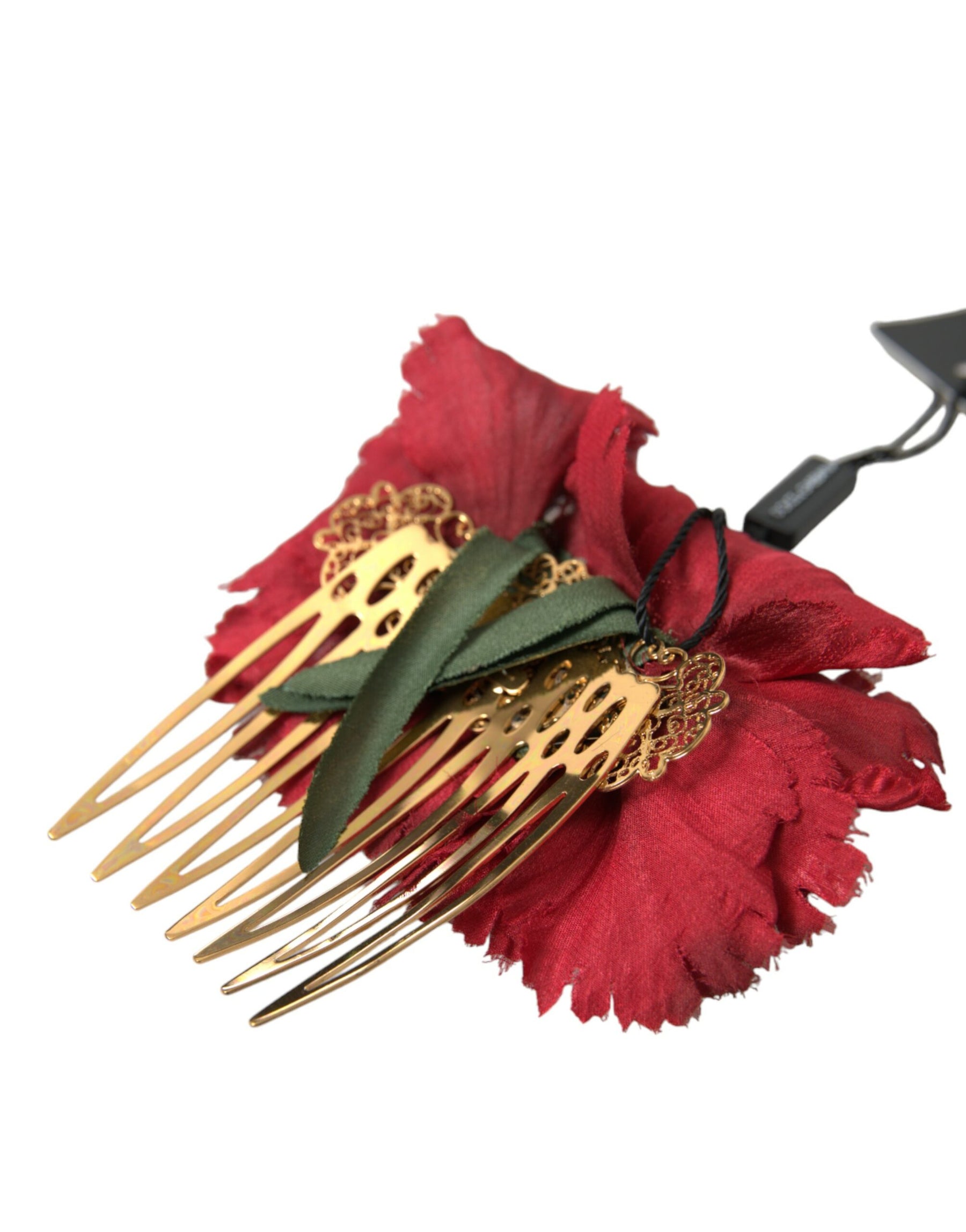 Dolce & Gabbana Red Silk Floral Gold Brass Women Hair Comb | Regal Royce