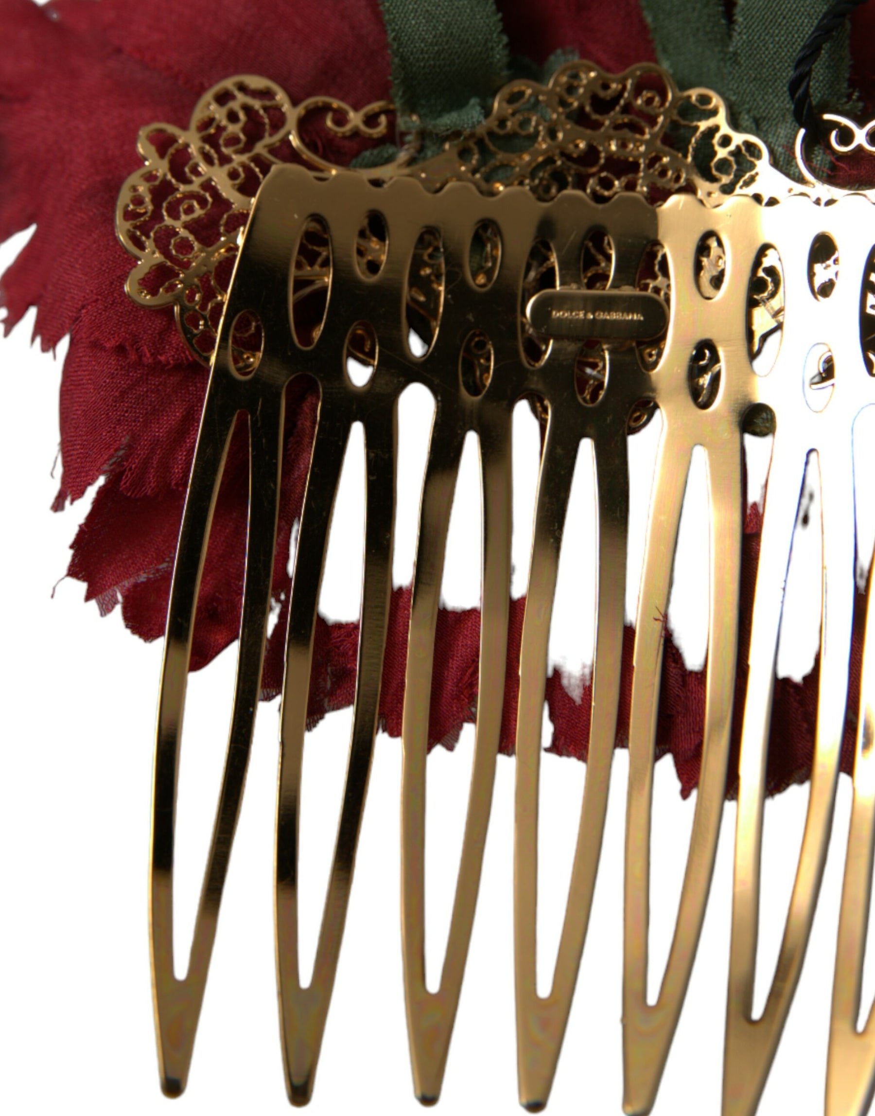 Dolce & Gabbana Red Silk Floral Gold Brass Women Hair Comb | Regal Royce