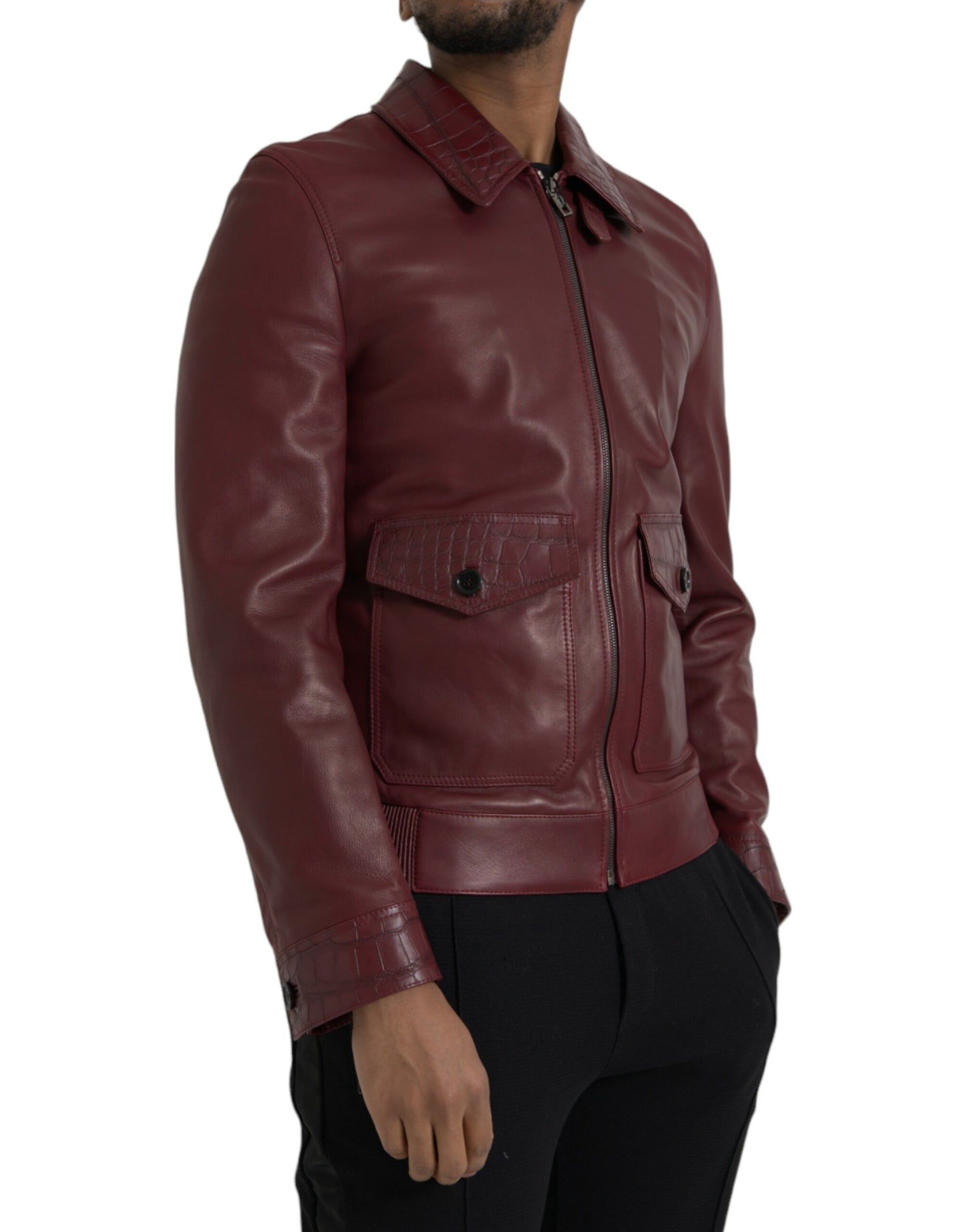 Dolce & Gabbana Maroon Exotic Leather Zip Biker Coat Jacket | Regal Royce