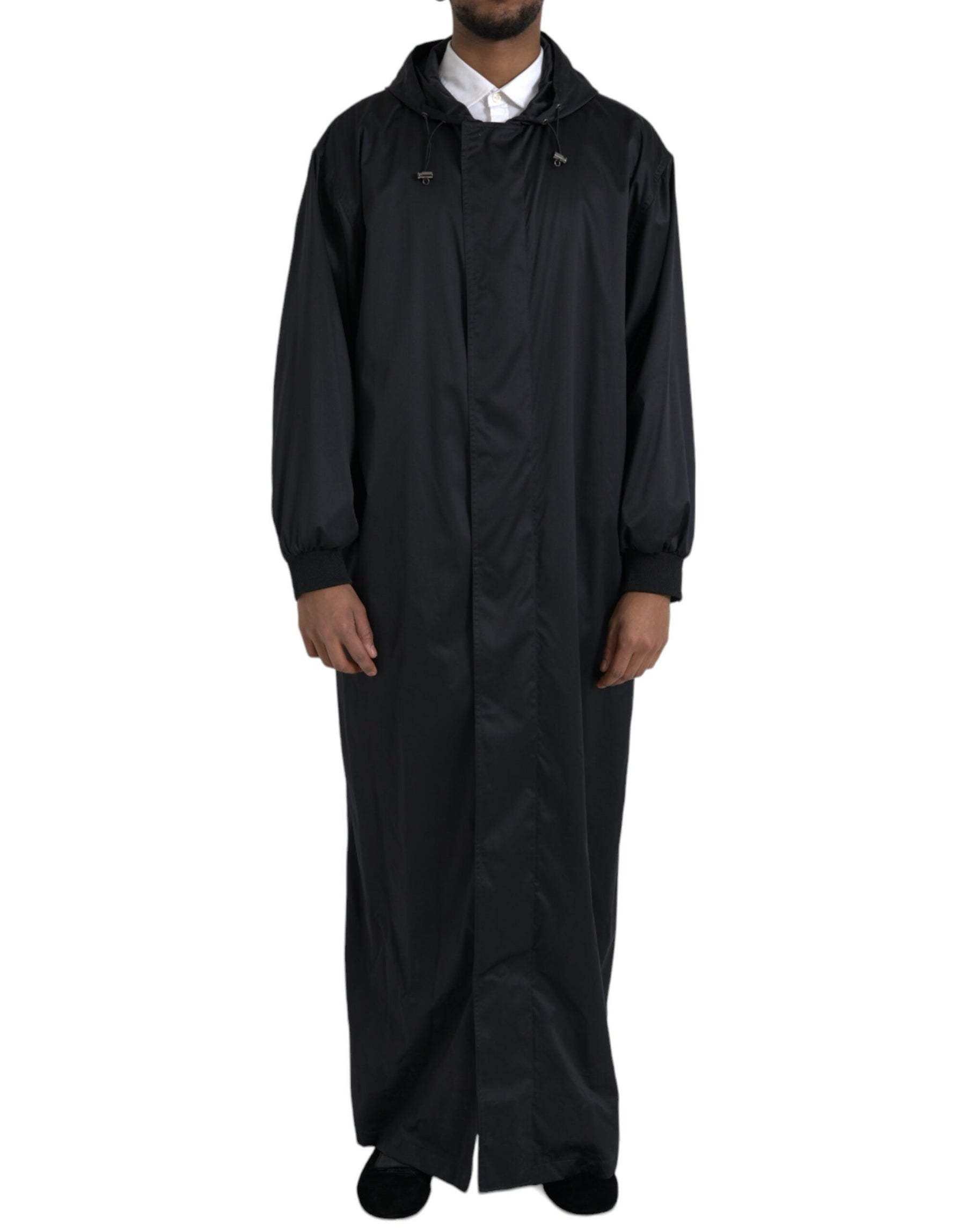 Dolce & Gabbana Black Polyester Hooded Long Windbreaker Jacket | Regal Royce