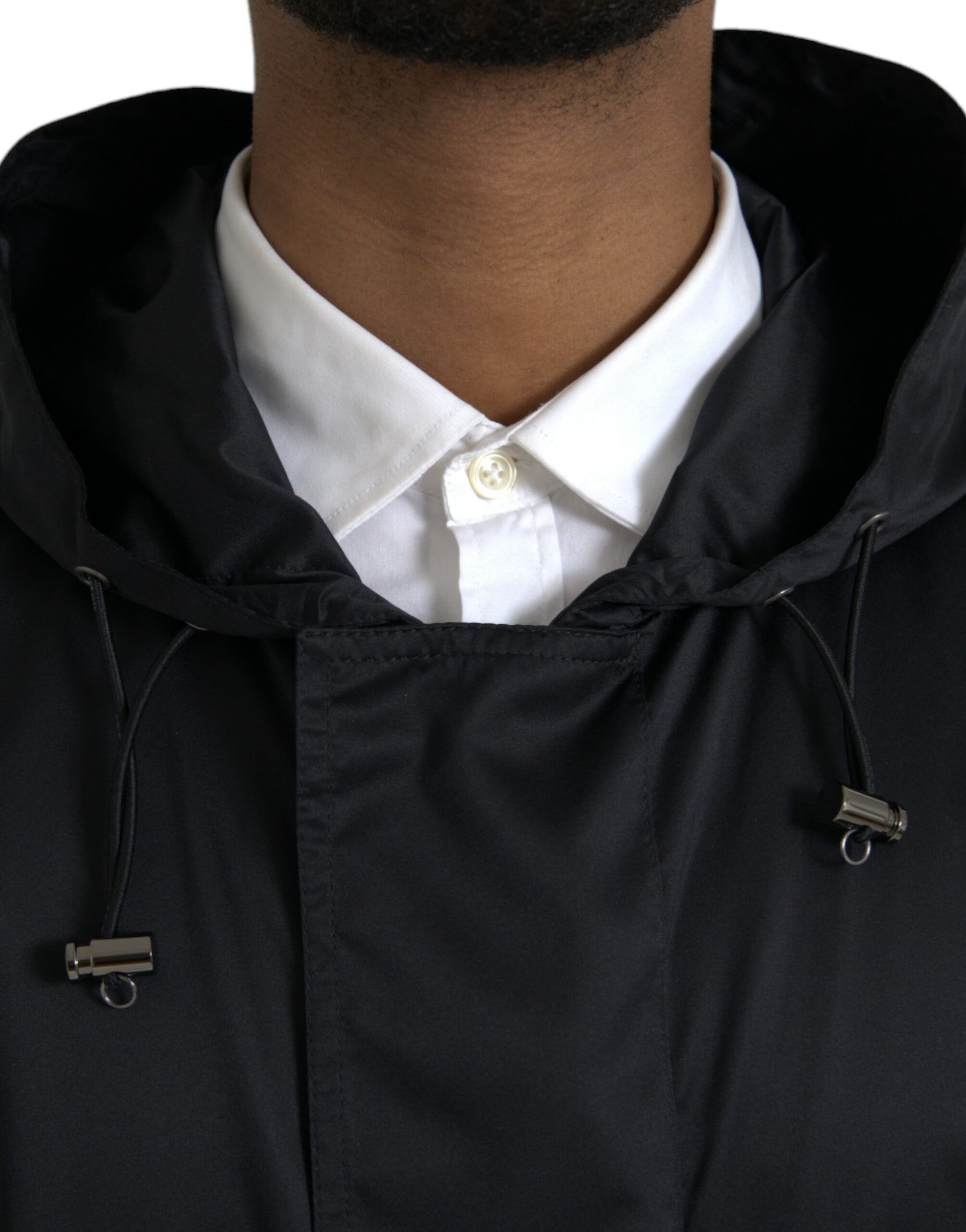 Dolce & Gabbana Black Polyester Hooded Long Windbreaker Jacket | Regal Royce