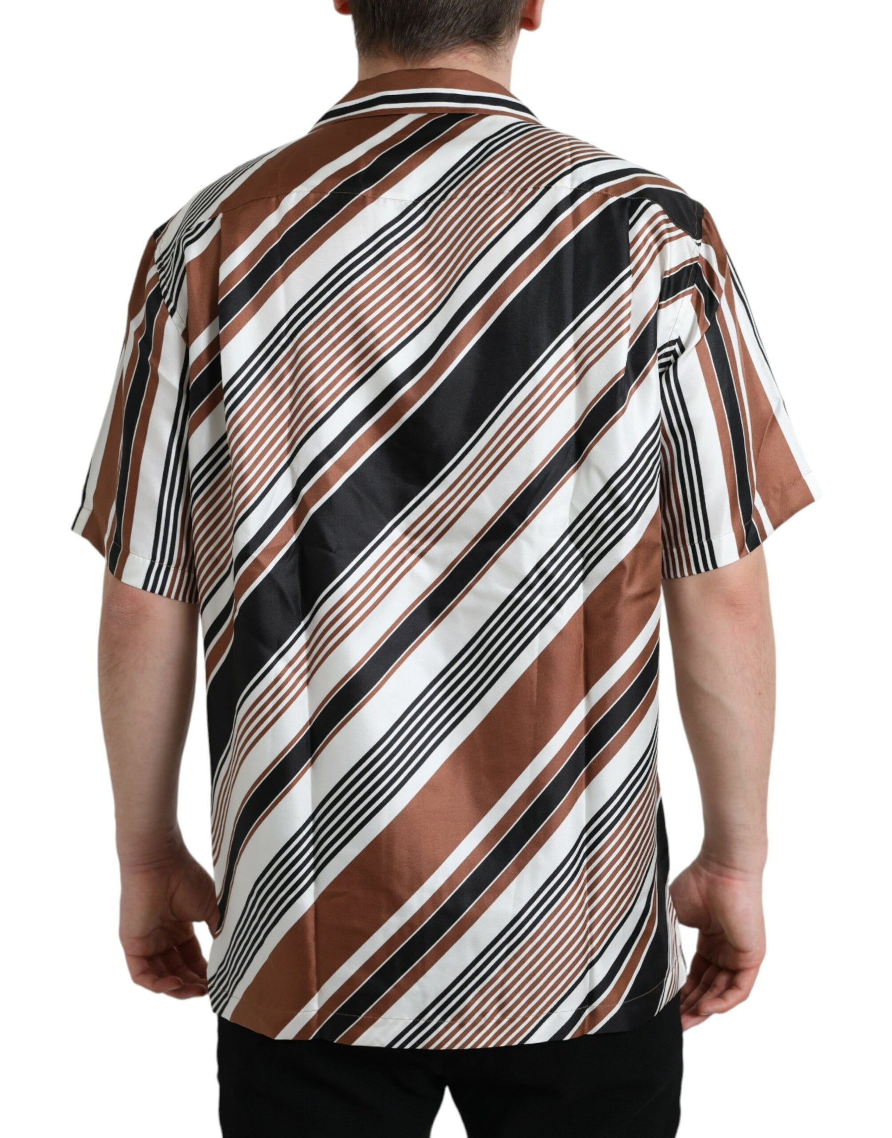 Dolce & Gabbana Brown White Silk Striped Short Sleeve Shirt | Regal Royce