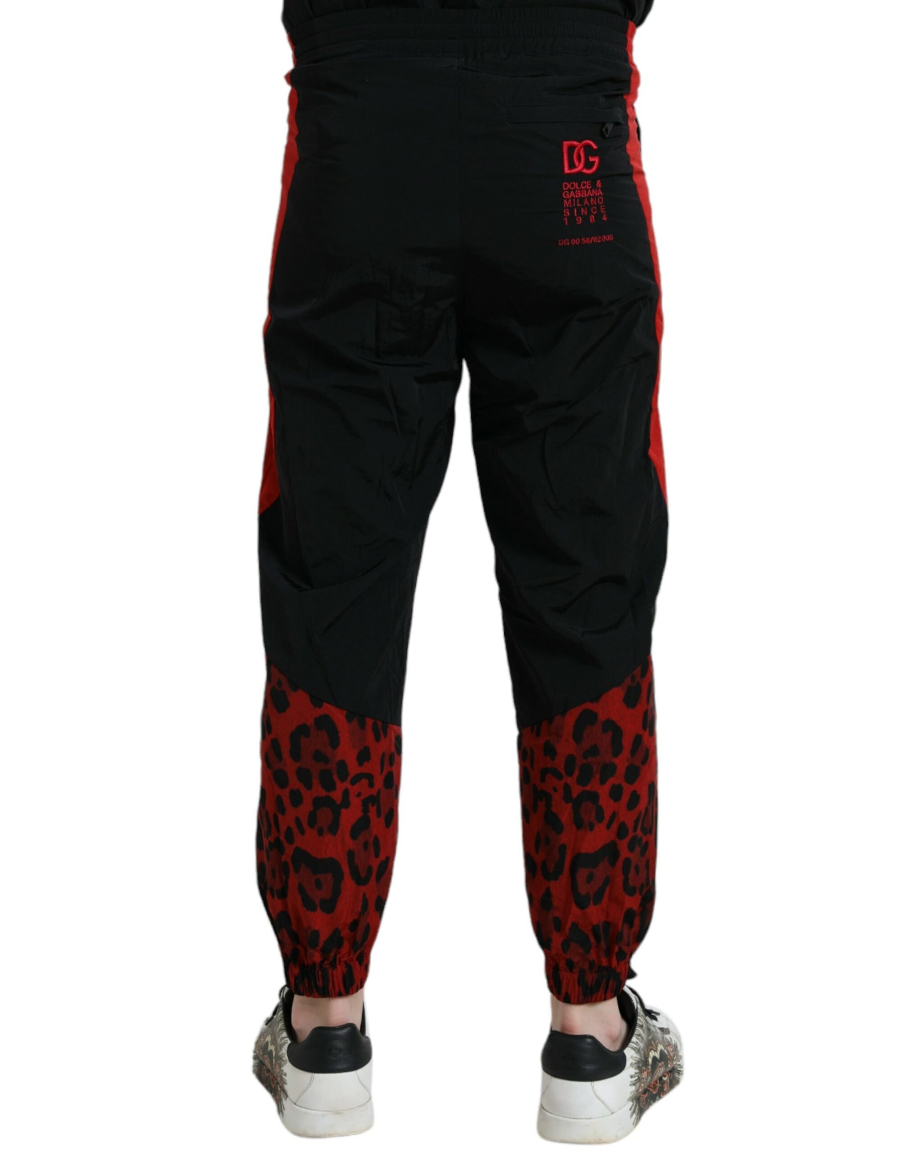 Dolce & Gabbana Black Red Leopard Print Nylon Jogger Pants | Regal Royce