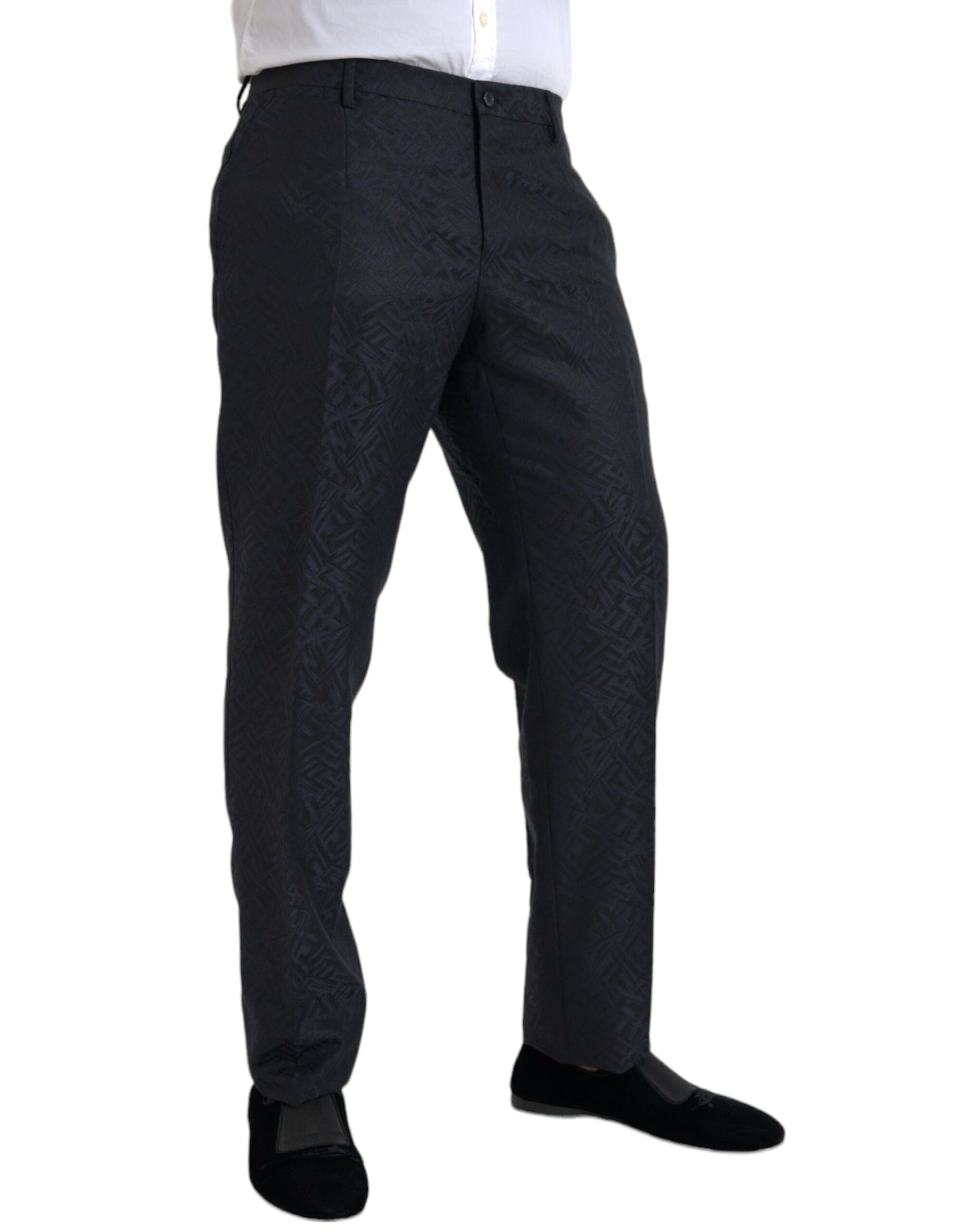 Dolce & Gabbana Blue Brocade Wool Skinny Men Dress Pants | Regal Royce