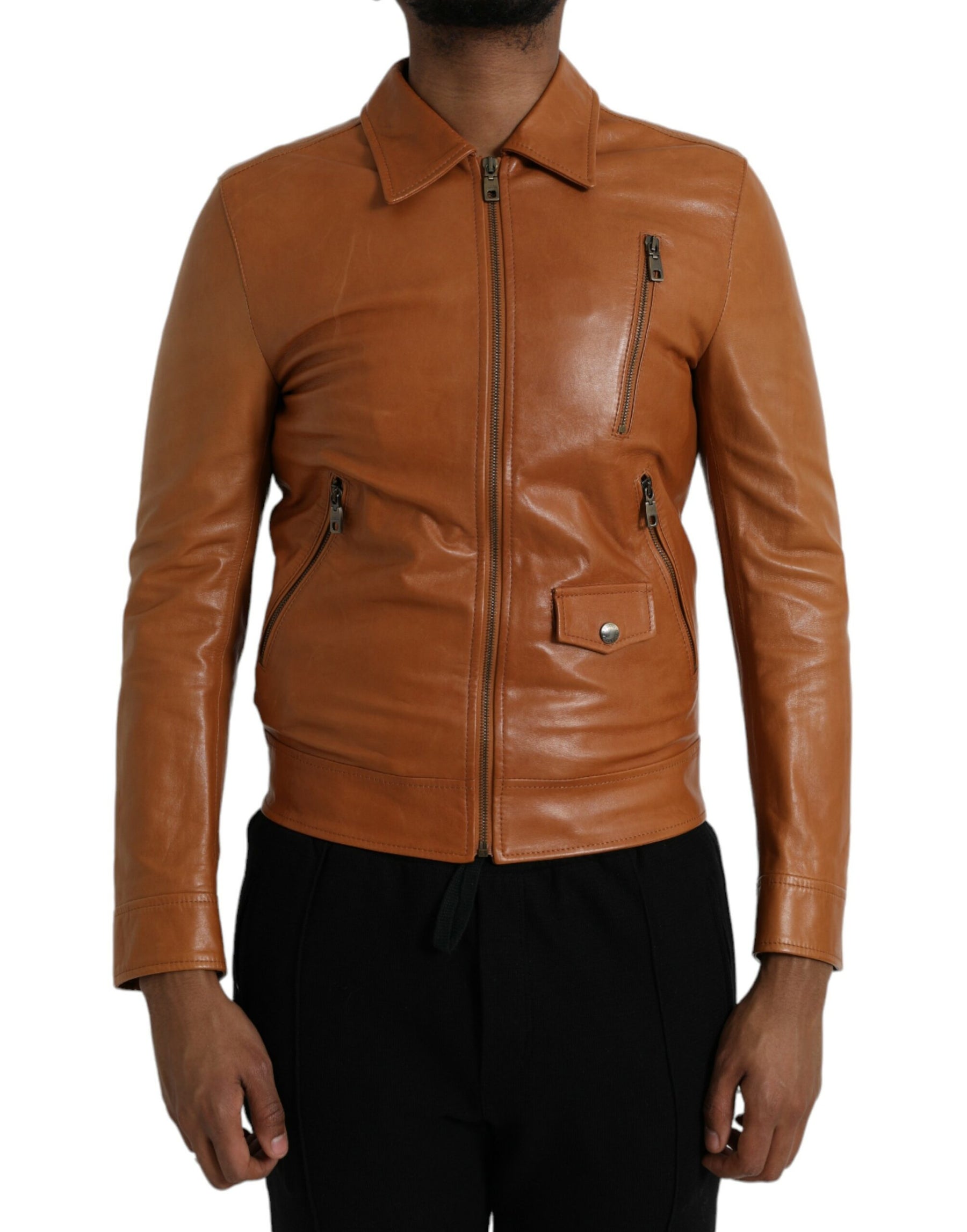 Dolce & Gabbana Brown Lamb Leather Full Zip Blouson Jacket | Regal Royce