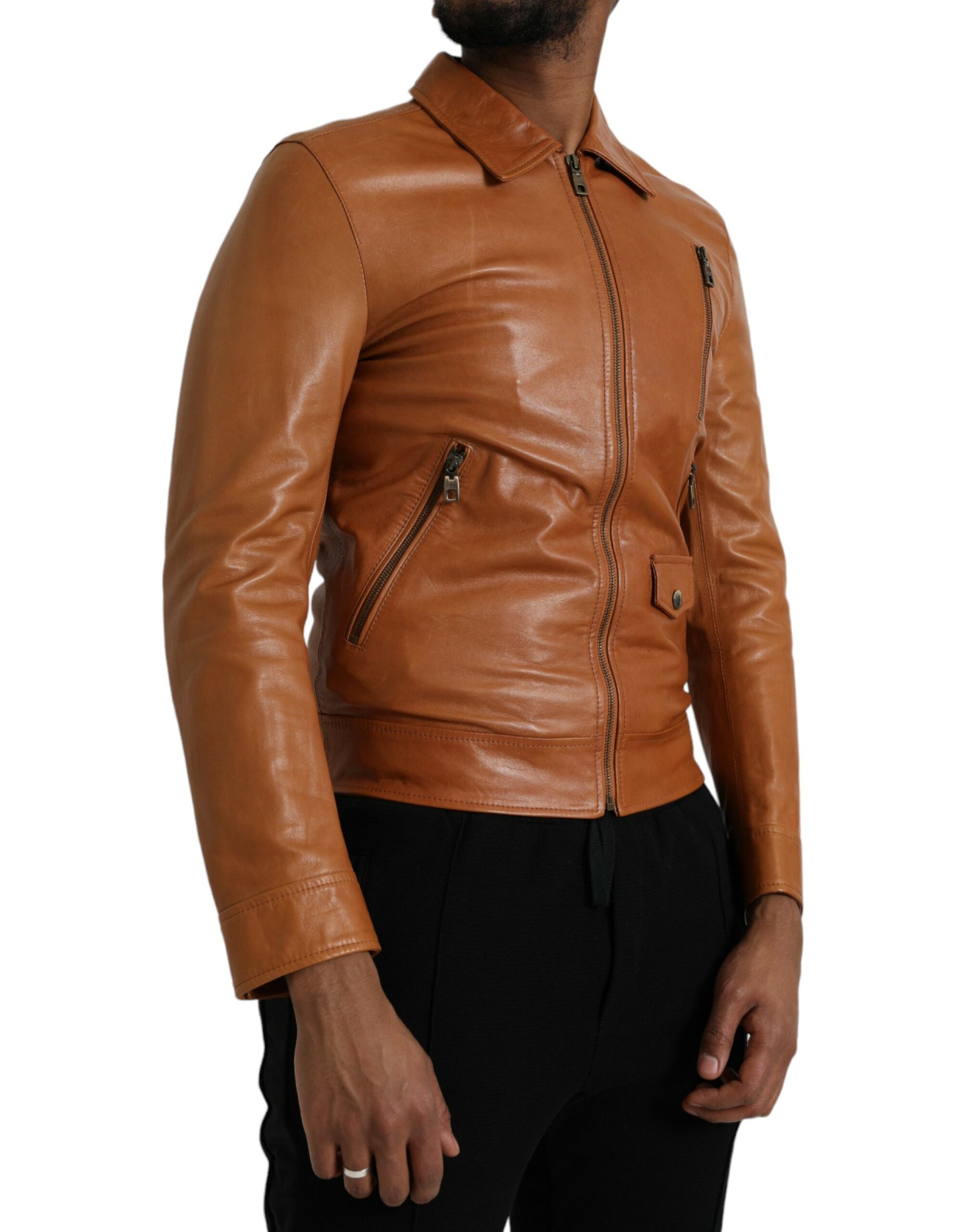 Dolce & Gabbana Brown Lamb Leather Full Zip Blouson Jacket | Regal Royce