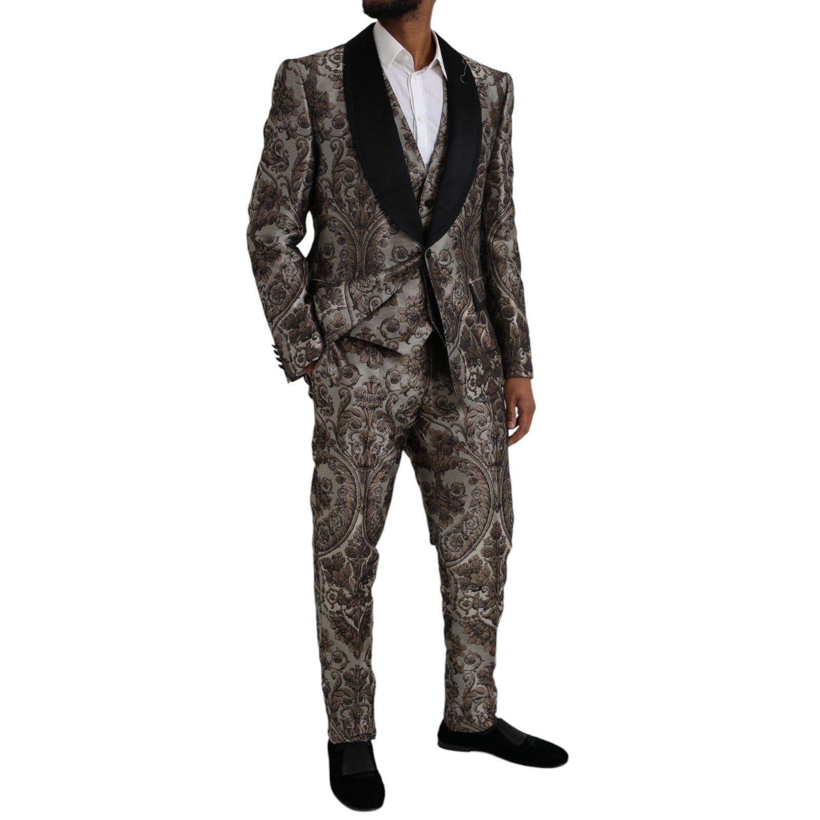 Dolce & Gabbana Brown Floral Jacquard Formal 3 Piece Suit | Regal Royce
