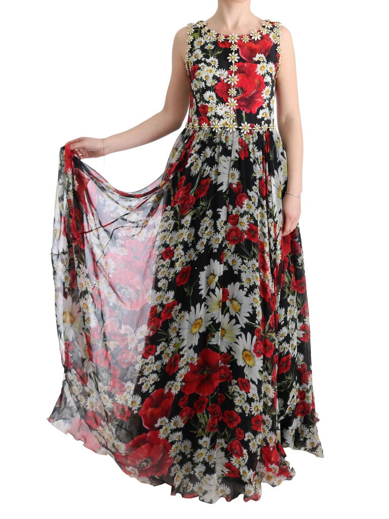 Dolce & Gabbana Multicolor Silk Floral Crystal Long Maxi Dress