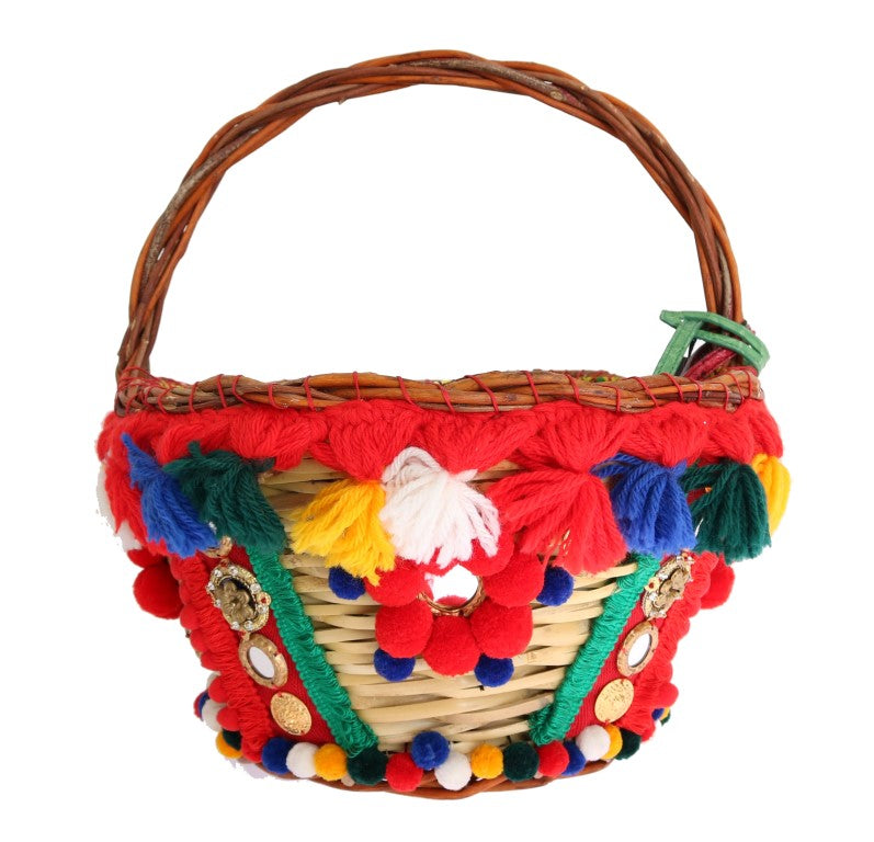 Dolce & Gabbana Multicolor AGNESE Straw Crystal  Pom Pom Bag