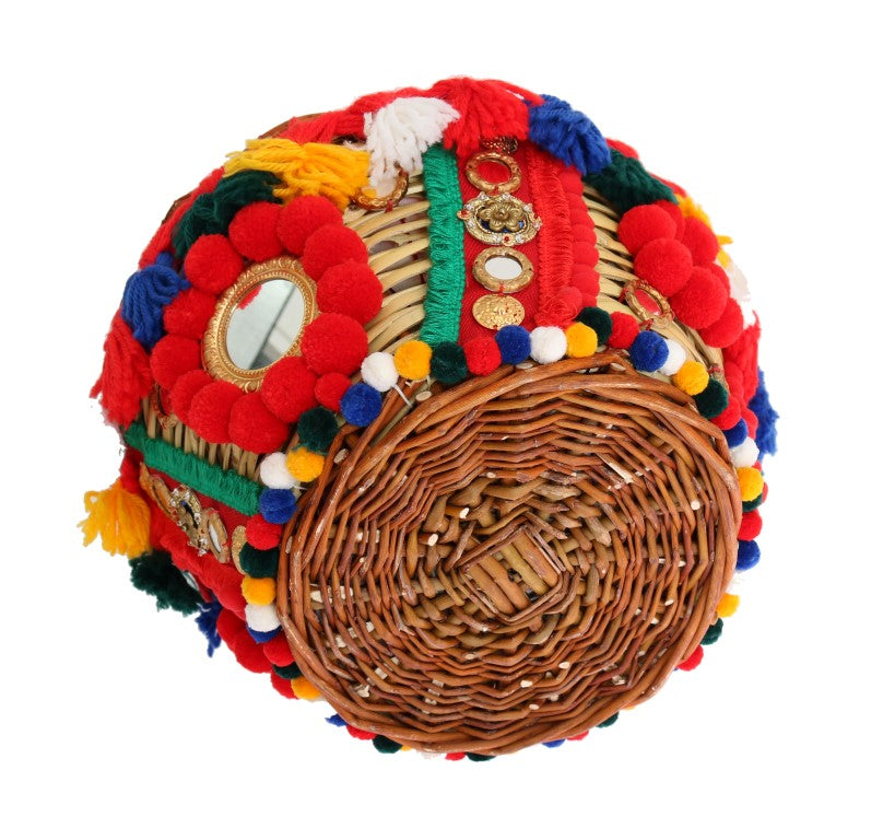 Dolce & Gabbana Multicolor AGNESE Straw Crystal  Pom Pom Bag | Regal Royce