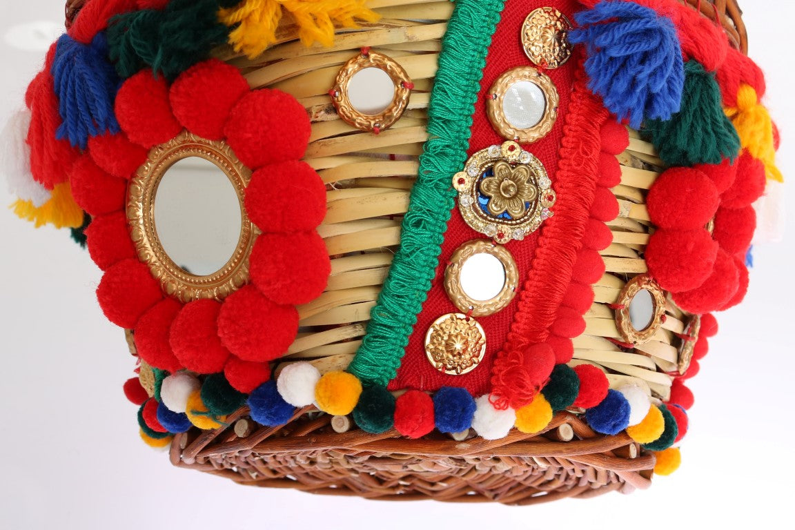 Dolce & Gabbana Multicolor AGNESE Straw Crystal  Pom Pom Bag | Regal Royce
