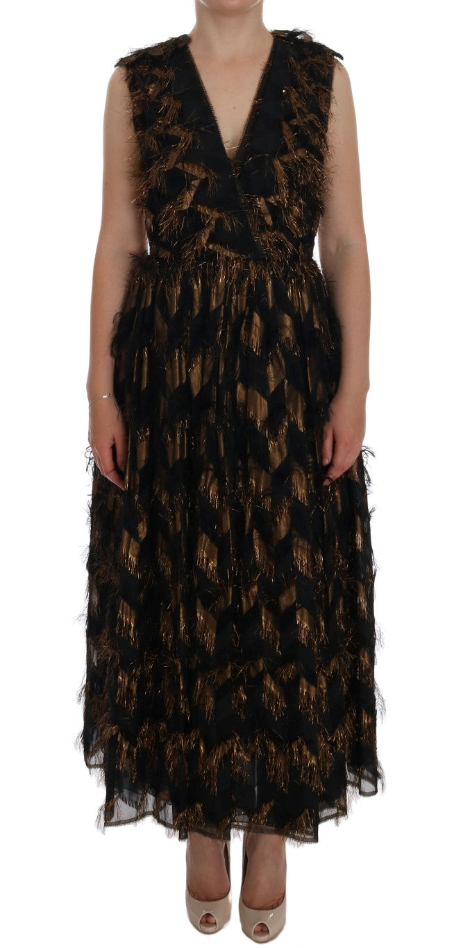 Dolce & Gabbana Black Silk Brown Fringes A-Line Dress | Regal Royce