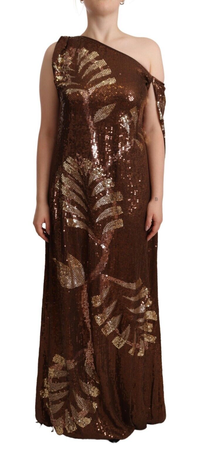 Dsquared² Brown Leaf Sequined Shift One Shoulder Long Dress | Regal Royce