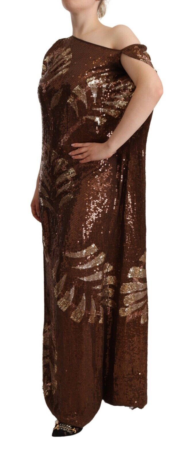 Dsquared² Brown Leaf Sequined Shift One Shoulder Long Dress | Regal Royce
