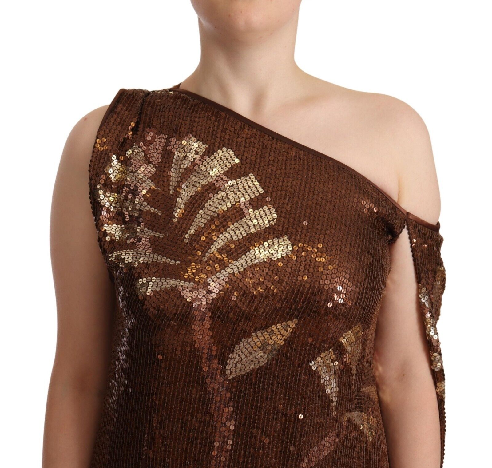 Dsquared² Brown Leaf Sequined Shift One Shoulder Long Dress | Regal Royce