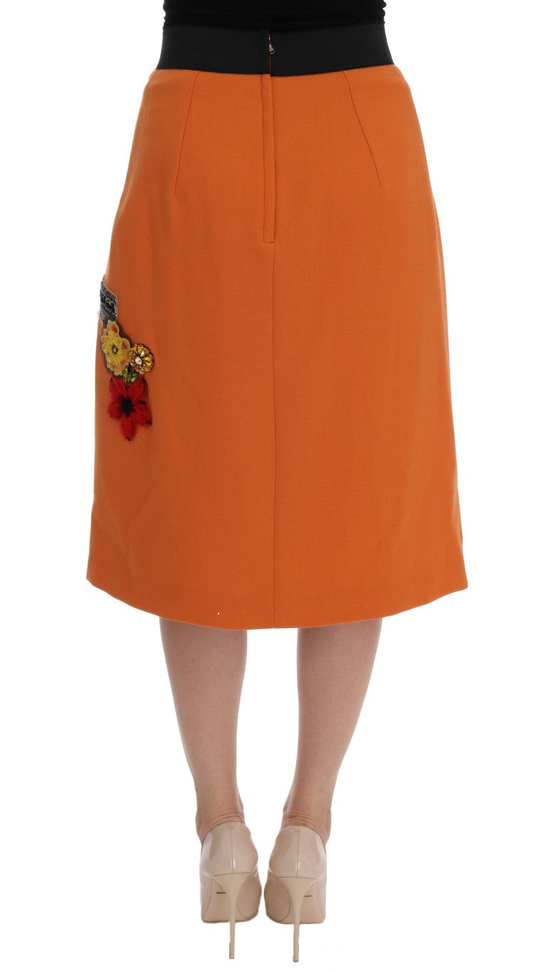 Dolce & Gabbana Orange Wool Crystal Sequin Appliques Skirt | Regal Royce