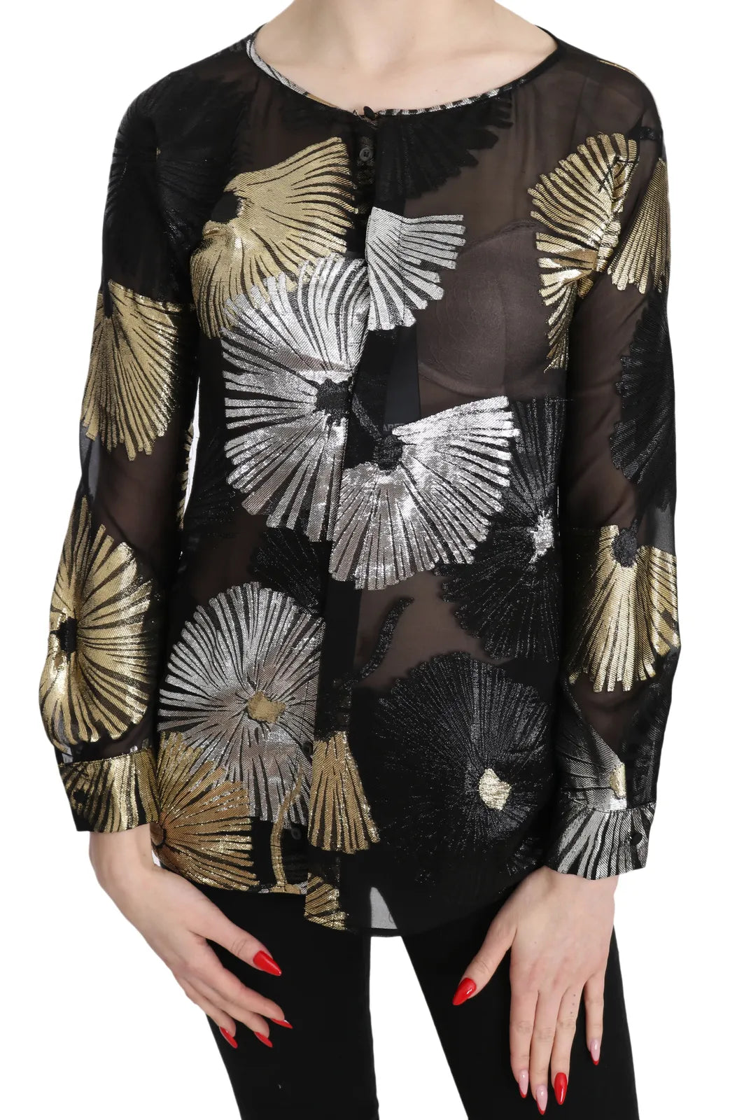 Dsquared² Gold Silver Silk Jacquard See Through Top Blouse | Regal Royce