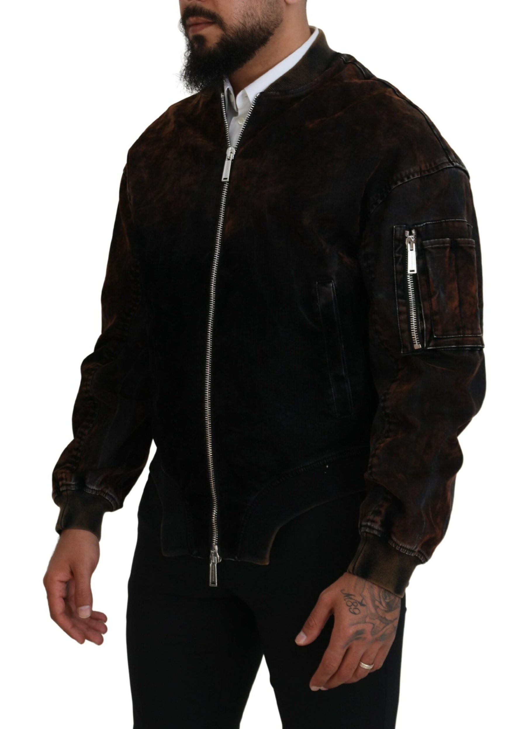 Dsquared² Brown Cotton Bomber Zipper Pocket Sleeves Jacket | Regal Royce