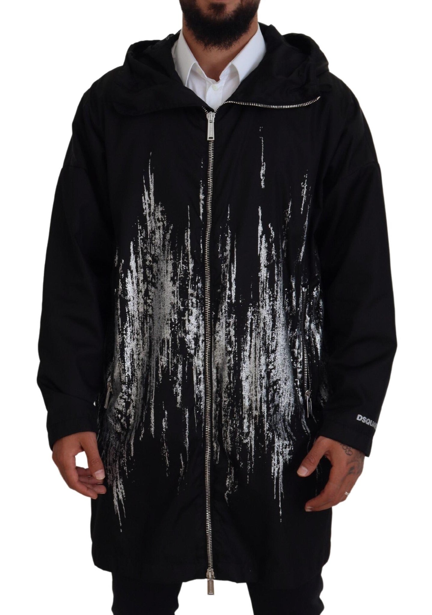 Dsquared² Black White Print Long Hooded Coat Nylon Jacket | Regal Royce