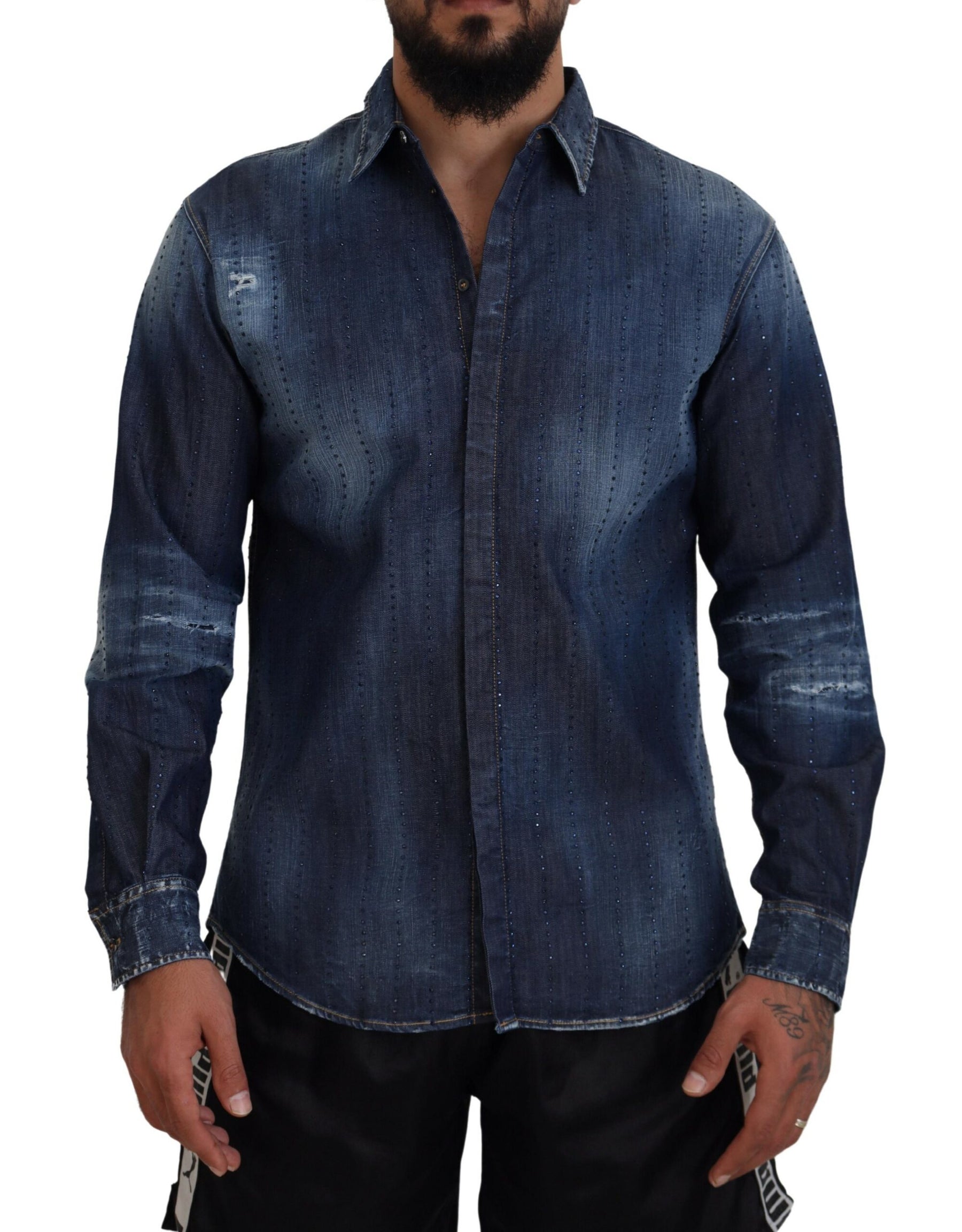 Dsquared² Blue Tattered Crystal Embellished Denim Shirt | Regal Royce