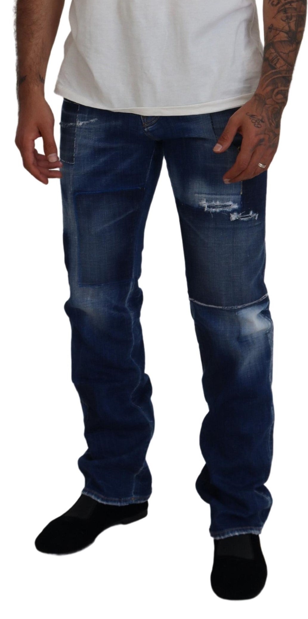 Dsquared² Blue Washed Patchwork Straight Fit Denim Jeans | Regal Royce