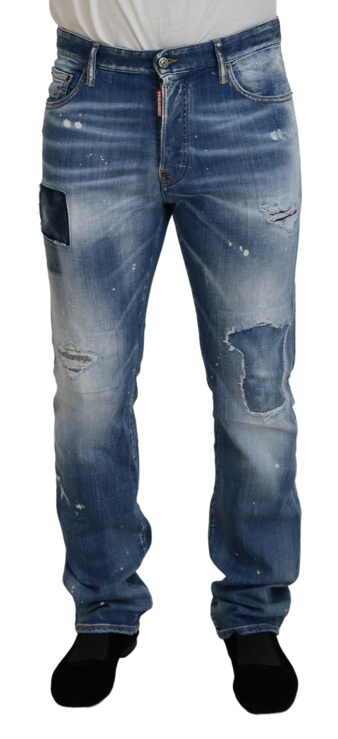 Dsquared² Blue Washed Tattered Straight Fit Casual Denim Jeans | Regal Royce