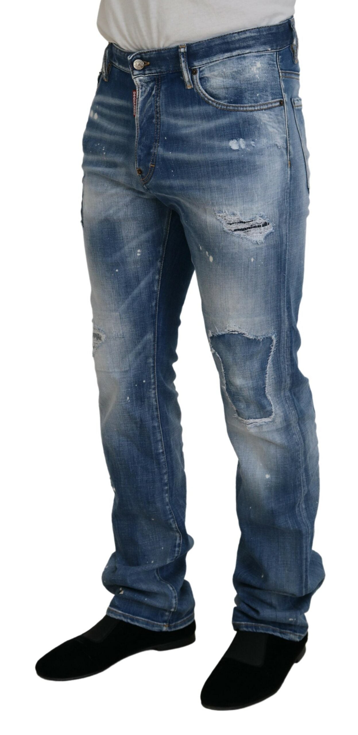 Dsquared² Blue Washed Tattered Straight Fit Casual Denim Jeans | Regal Royce