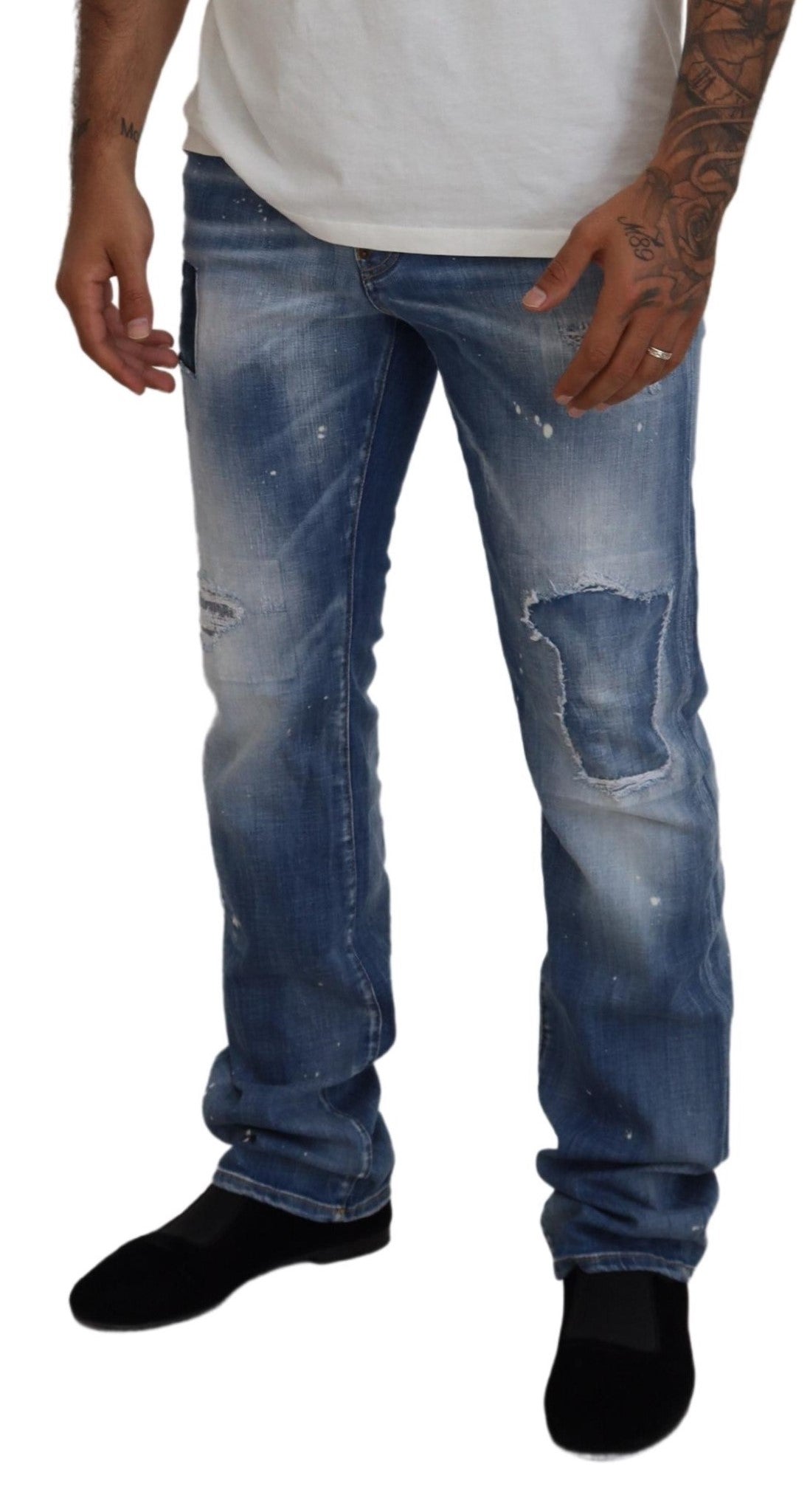 Dsquared² Blue Washed Tattered Straight Fit Casual Denim Jeans | Regal Royce