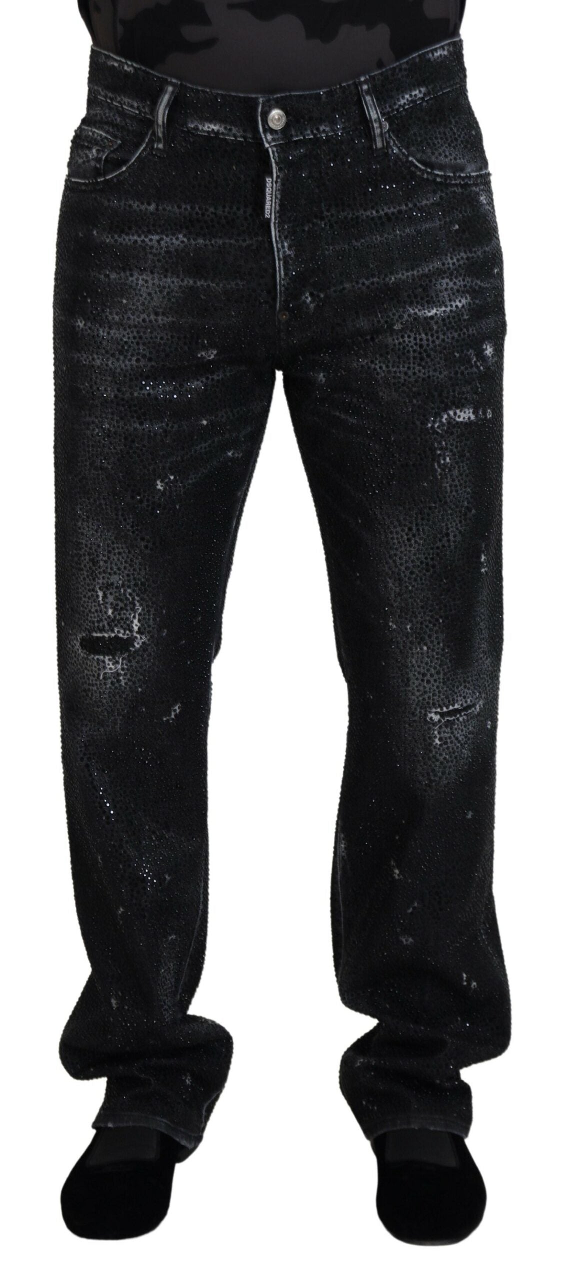 Dsquared² Black Crystal Embellished Tattered Denim Jeans | Regal Royce
