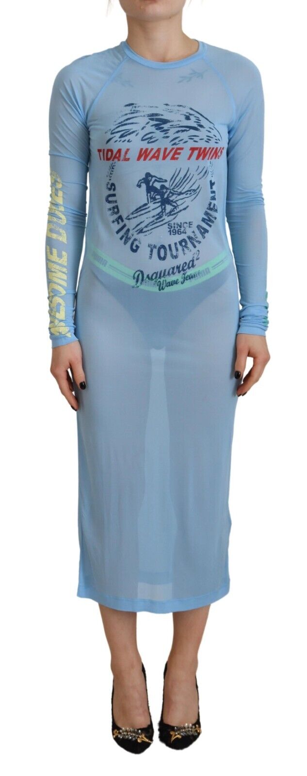 Dsquared² Blue Printed Viscose Long Sleeves Cover Up Dress | Regal Royce