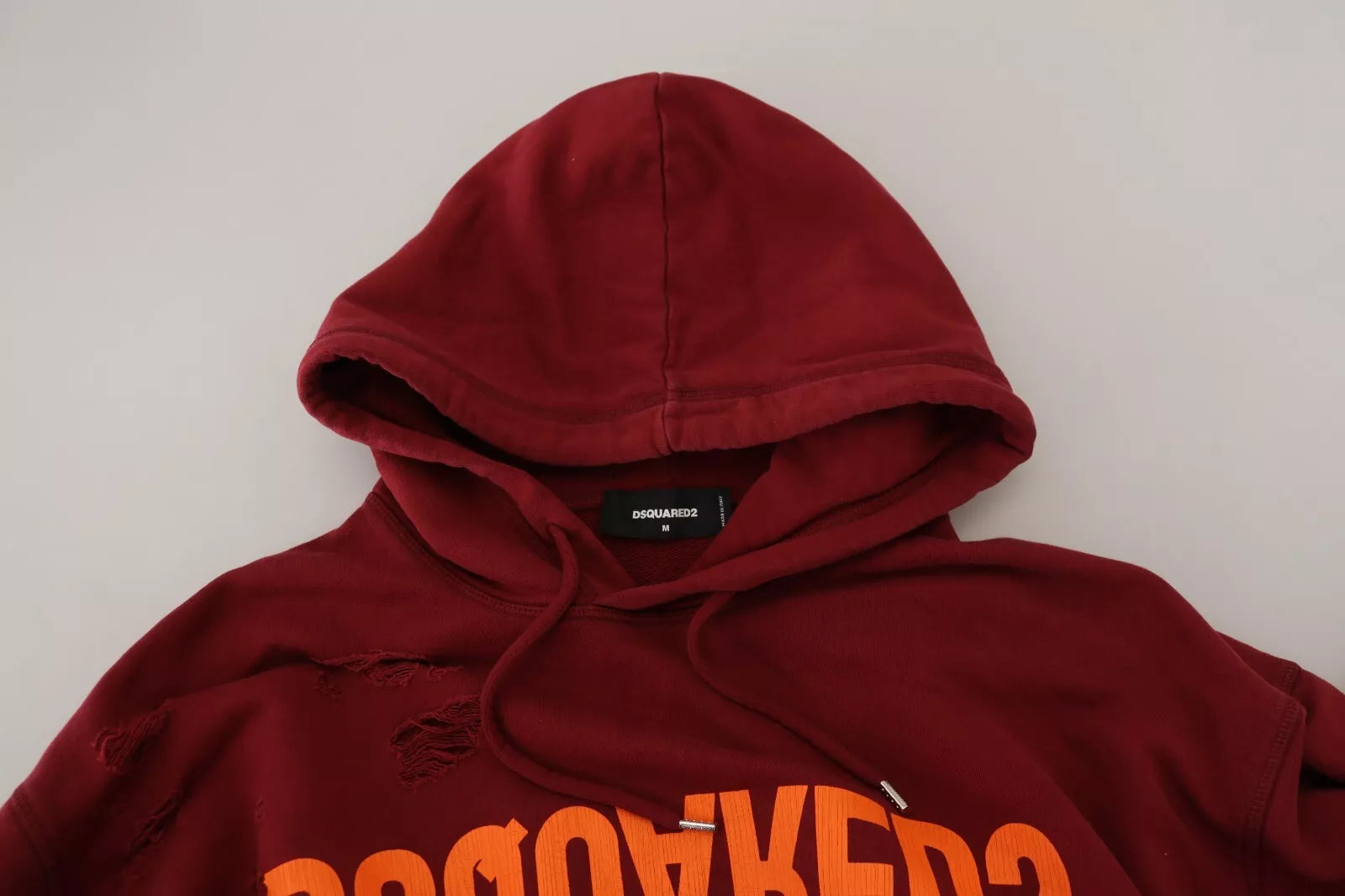 Dsquared² Maroon Cotton Tattered Hooded Printed Pullover Sweater | Regal Royce